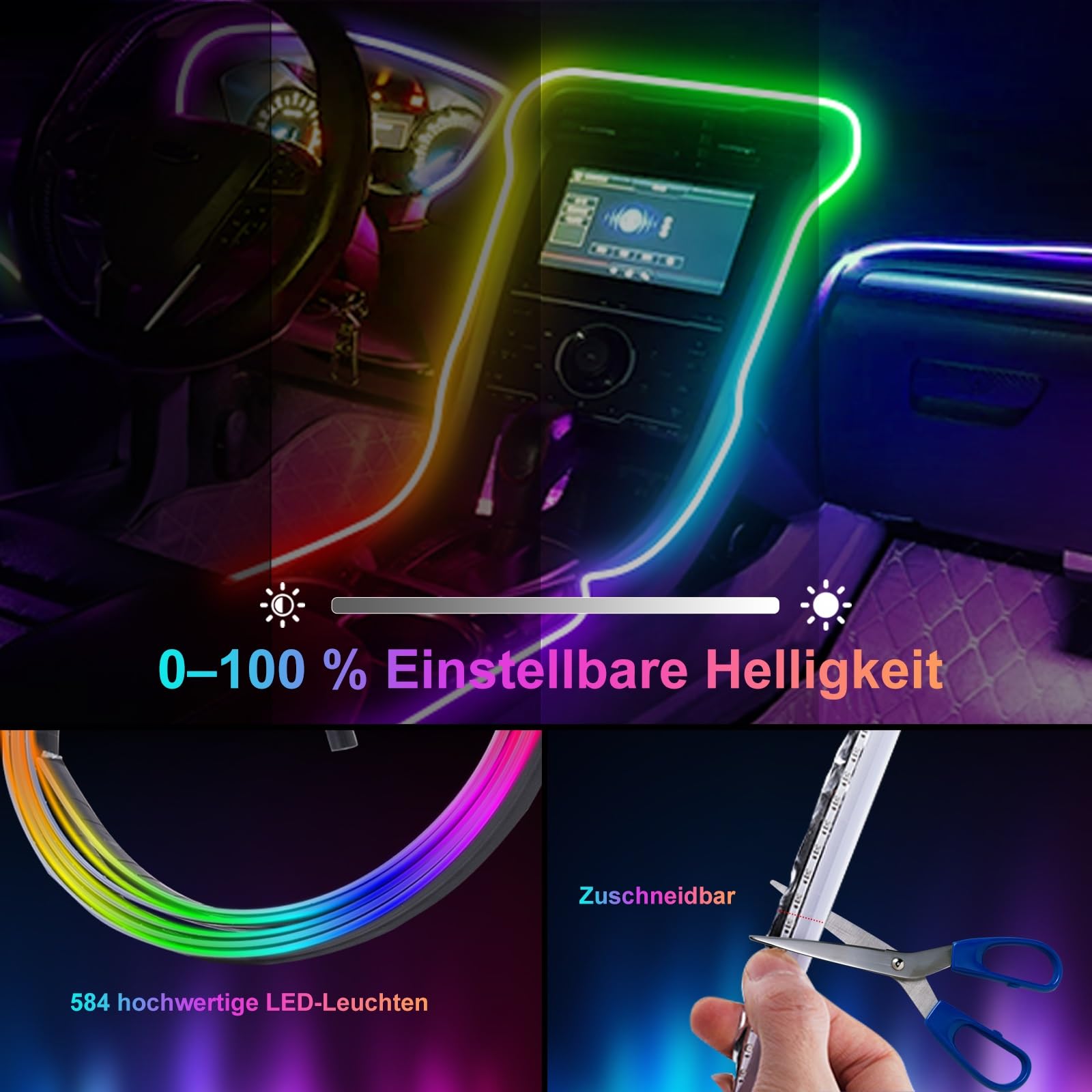 GPJYD Acryl 6 IN 1 Auto Ambientebeleuchtung, RGB LED Auto Innenbeleuchtung Strip Lights 445cm 584 LEDs mit 16 Millionen Farben, 210 Dynamische, USB-Port A uto LED Innenbeleuchtung