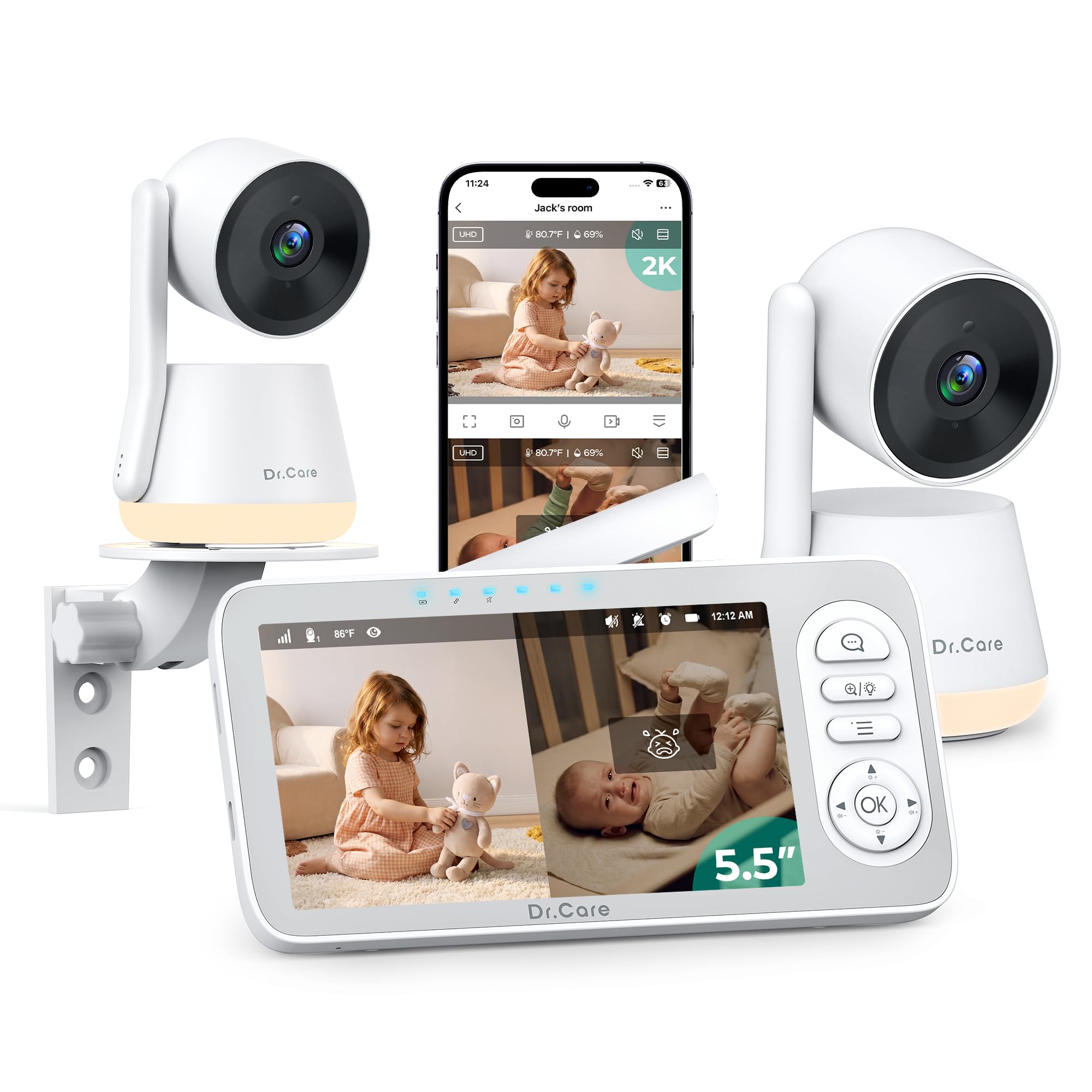 Dr.Care LumiView Plus 5.5" Smart WiFi Baby Monitor with 2 Cameras,1080P FHD