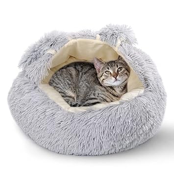 Cat Beds for Indoor Cats - Dog Bed with Anti-Slip Bottom, Machine Washable Cat Bed with Waterproof Bottom, Round Shape to Improve Sleep Cat Cave, Soft and Fluffy Long-haired Grey Pet Sofa Bed (L)