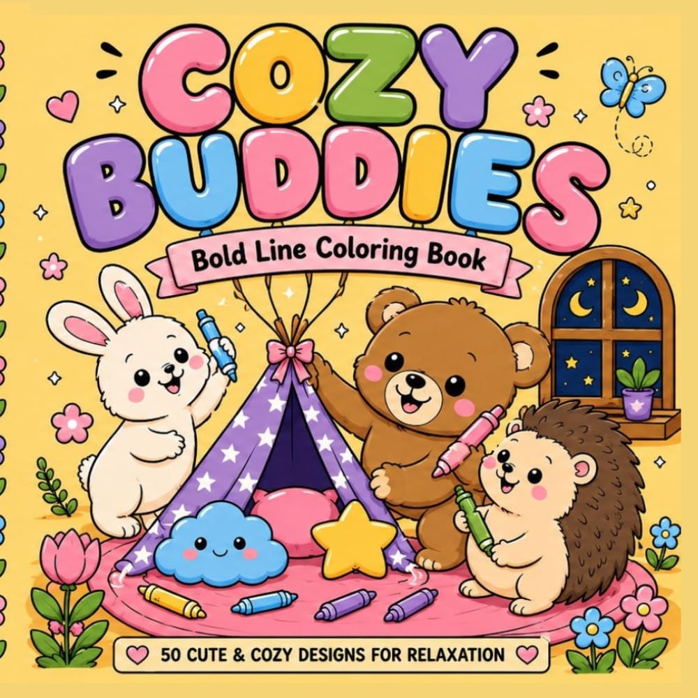 Cozy Buddies: Bold Line Coloring Book: 50 Cute & Cozy Designs for Relaxation, Stress Relief, and Easy Coloring
