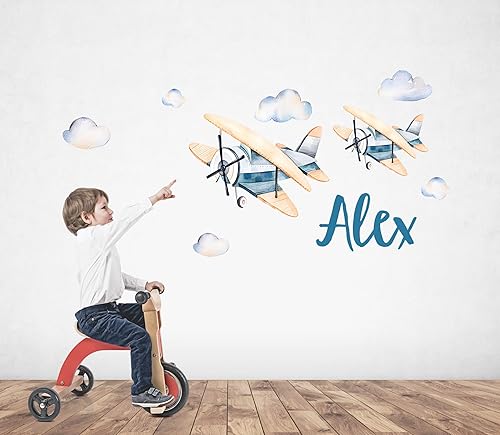 Miniatura 3 de Calcomanías de pared personalizadas con nombre de avión vintage para niños, calcomanías de pared de acuarela de aviones con nubes, calcomanías de