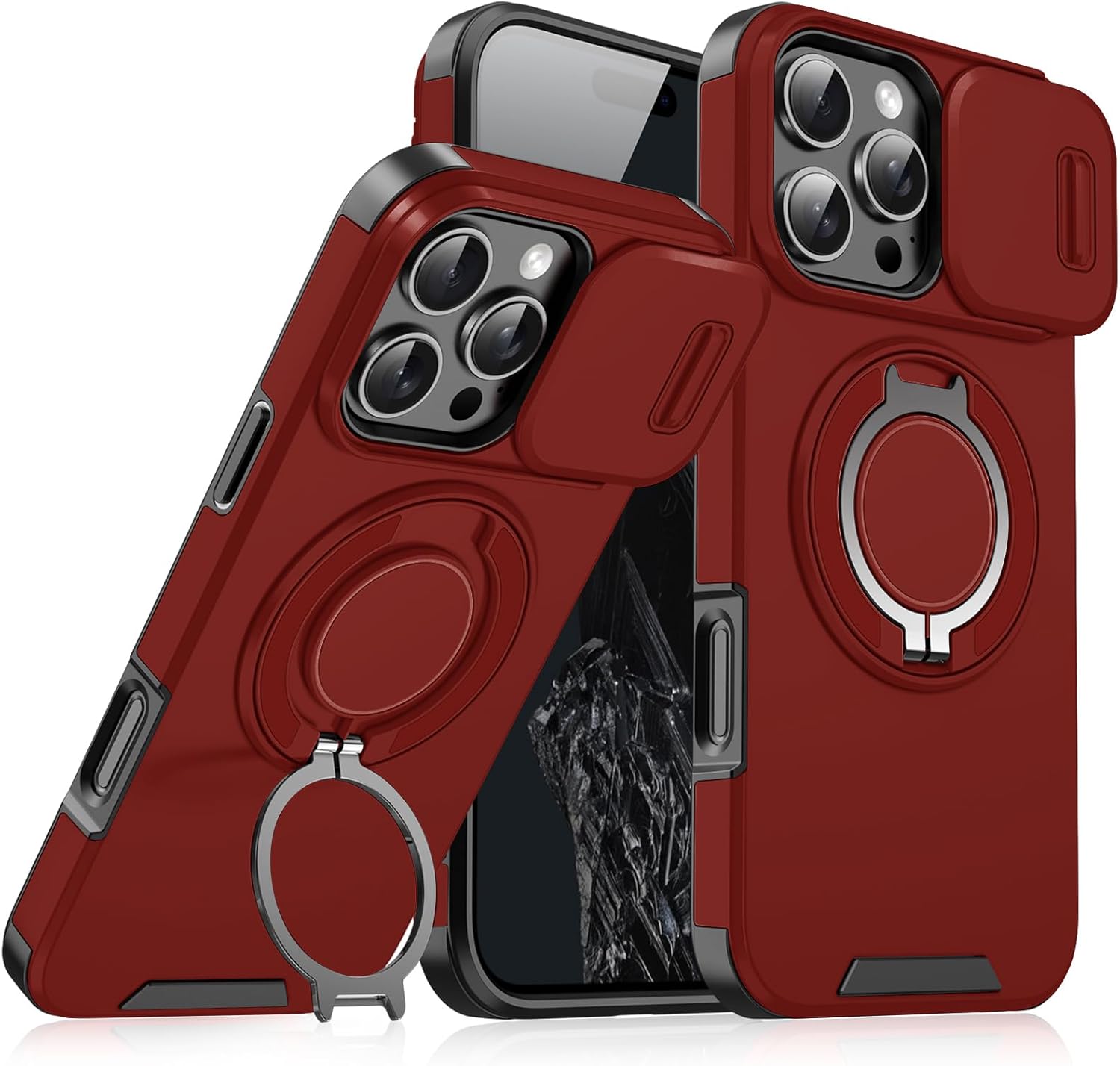for iPhone 16 Pro Max Case Magnetic Kickstand Sturdy 360°Metal Ring Stand Bracket Holder Slide Camera Lens Cover Car Mounted Military-Grade Shockproof Protective (Red, iPhone 16 Pro Max)