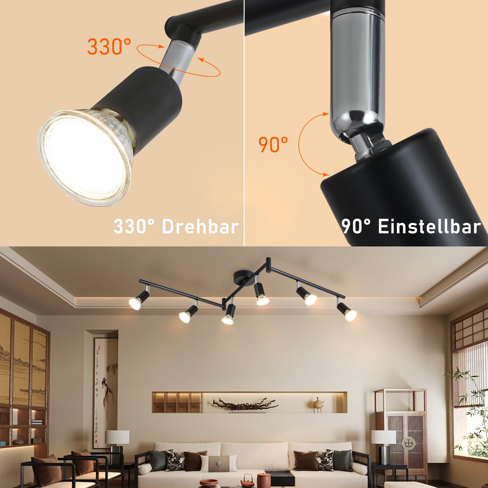 LED Plafoniera 6 Faretti Lampada Spotlight Soffitto GU10 | Girevole 330° Lampadario Industriale Parete Nero Soggiorno Cucina Salotto, Lampadina Non Inclusa