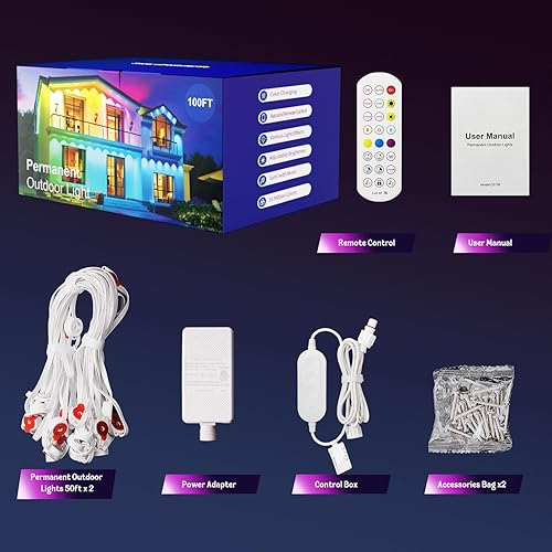 Miniatura 8 de HUTAKUZE Luces permanentes para exteriores, 100 pies con 60 LED RGB para decoración al aire libre, IP67 impermeable, 48 modos de escena, luces de