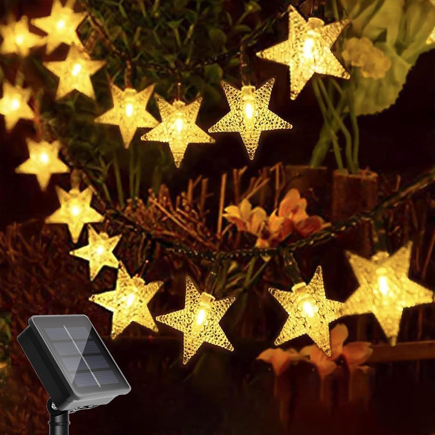 Suyoo Solar Star String Lights, 7m 50 LED Outdoor Waterproof Fairy Lights with 8 Modes & Auto On/Off, Solar Powered Decorative Lights for Garden, Patio, Wedding, Christmas(Warm White)