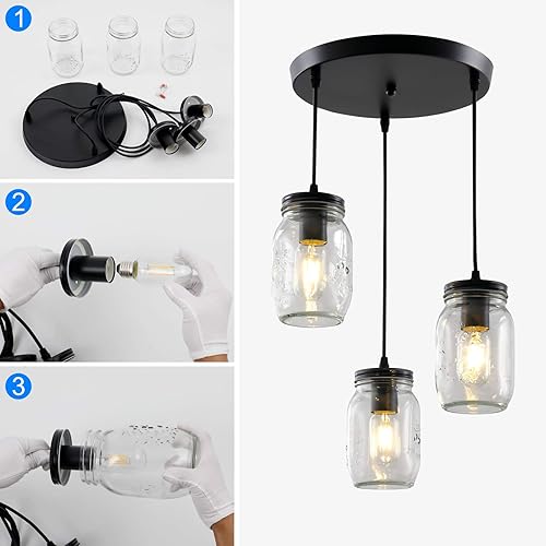 Miniatura 7 de Lámparas de tarro de masón, 3 luces de casa de campo, lámpara colgante de tarro de cristal lámpara de techo ajustable para cocina, comedor, pasillo
