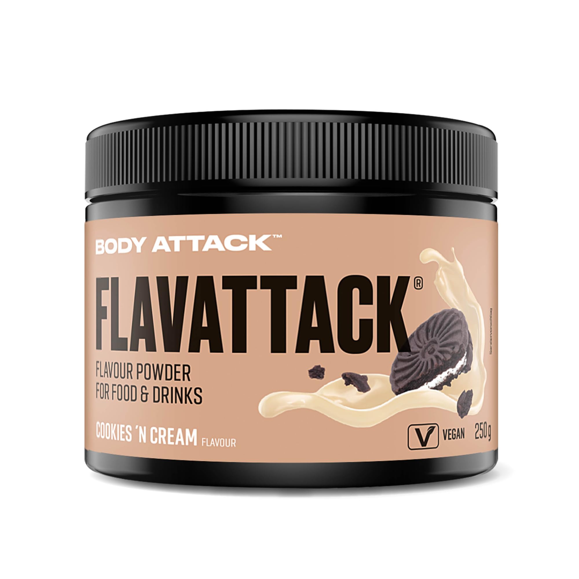 Body Attack Flavattack - Cookies N Cream - 250 g, nur 7 kcal/Portion - Intensives Flavour Pulver für Müsli, Rice Pudding, Haferflocken, Drinks etc. - Geschmackspulver ohne Palmöl, Aspartam, Gluten
