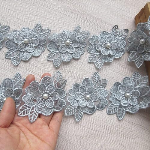 Miniatura 4 de 2 yardas de encaje de flores 3D bordadas con perlas de poliéster de cinta de encaje de tela de patchwork para vestido de novia hecho a mano DIY