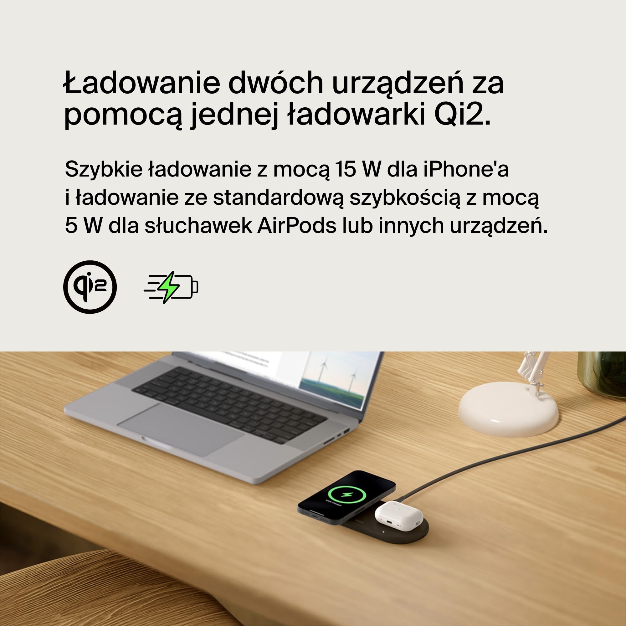 Belkin BoostCharge Pro bezprzewodowa podkładka ładująca 2 w 1 z Qi2 15W, szybkie ładowanie iPhone'a, zgodność z urządzeniami iPhone z serii 16/15/14/13/12, AirPods i innymi z obsługą MagSafe – czarna