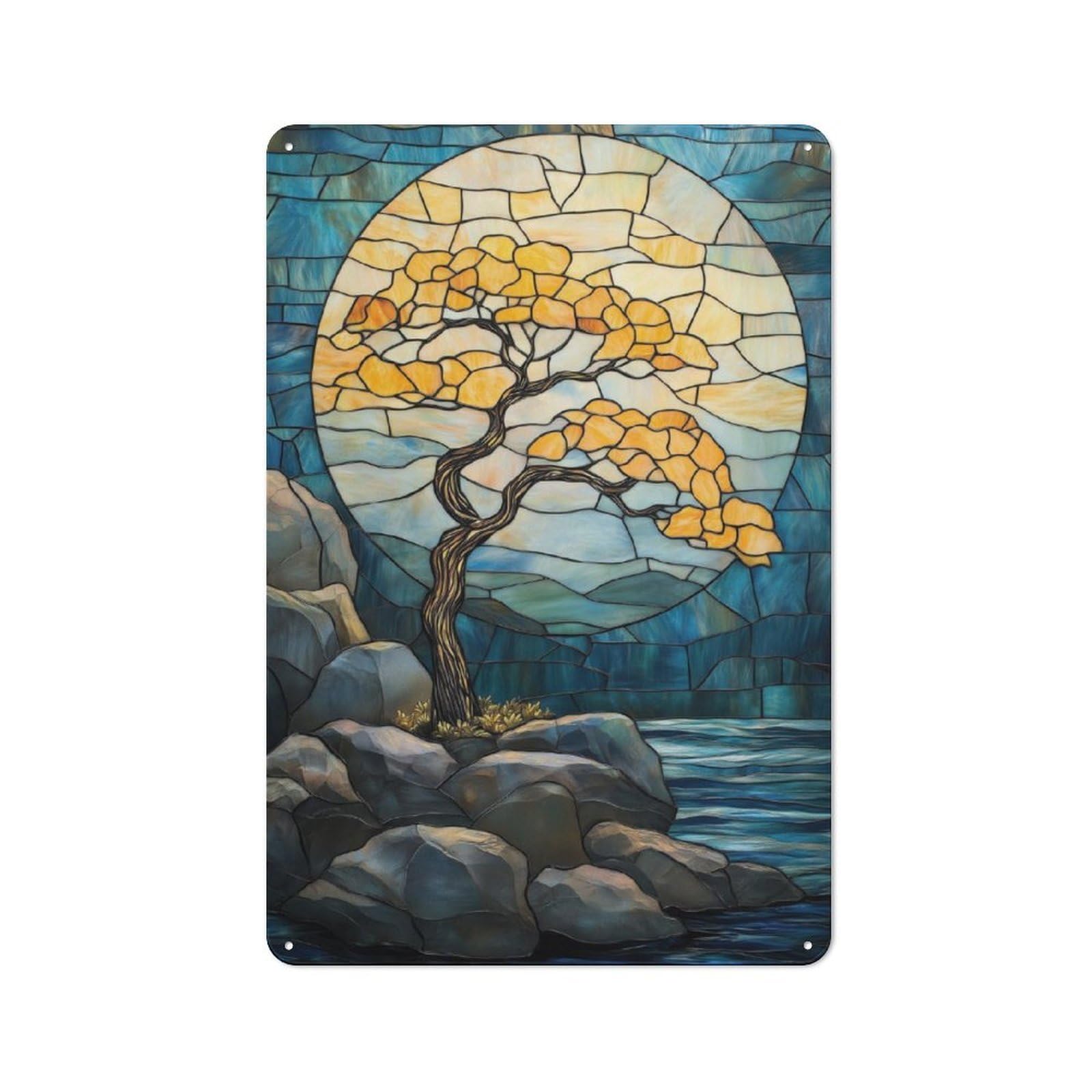 Junmoney Stained Glass Tree & Moon Metal Plaque 30X20cm With For Pub Or Café, Rustic Decor, For Garage, Workshop And Man Cave Decoration