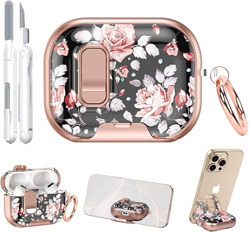 for AirPods Pro 3 Case 2025 3rd Generation with Cleaner Kit,Black Rose Protective Cover with LockStand Compatible with Apple New Air Podspro3,Cute