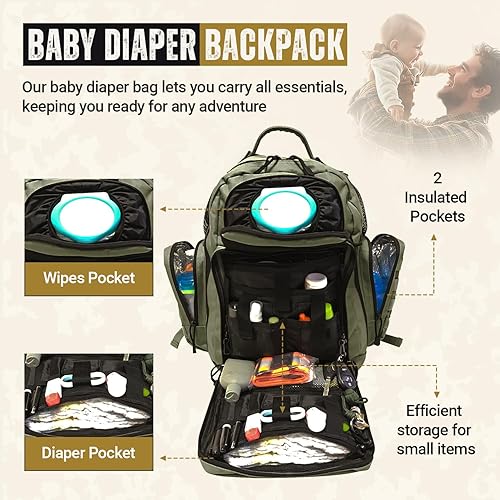 Miniatura 9 de HighSpeedDaddy - Mochila para pañales para bebé, grado militar, impermeable, bolsa de viaje compacta para bebé con correas para cochecito y funda