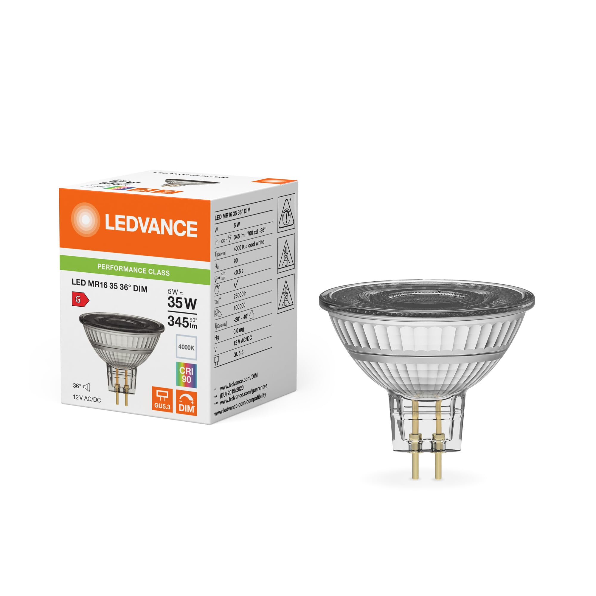 Ledvance Light Led Mr16 5W (35W Eq.) 12V 4000K 36 Degrees Ra90 Dimmable