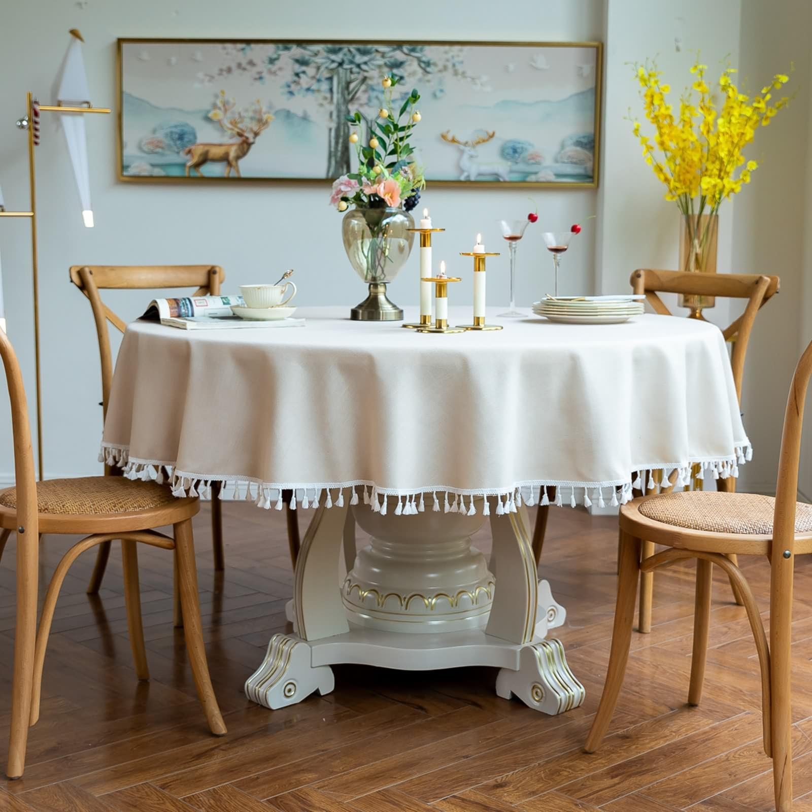 Tovaglia in cotone e lino con nappe, impermeabile e antimacchia, perfetta per uso esterno e interno, elegante colore beige, 160 cm, copertura quadrata per tavolo da pranzo