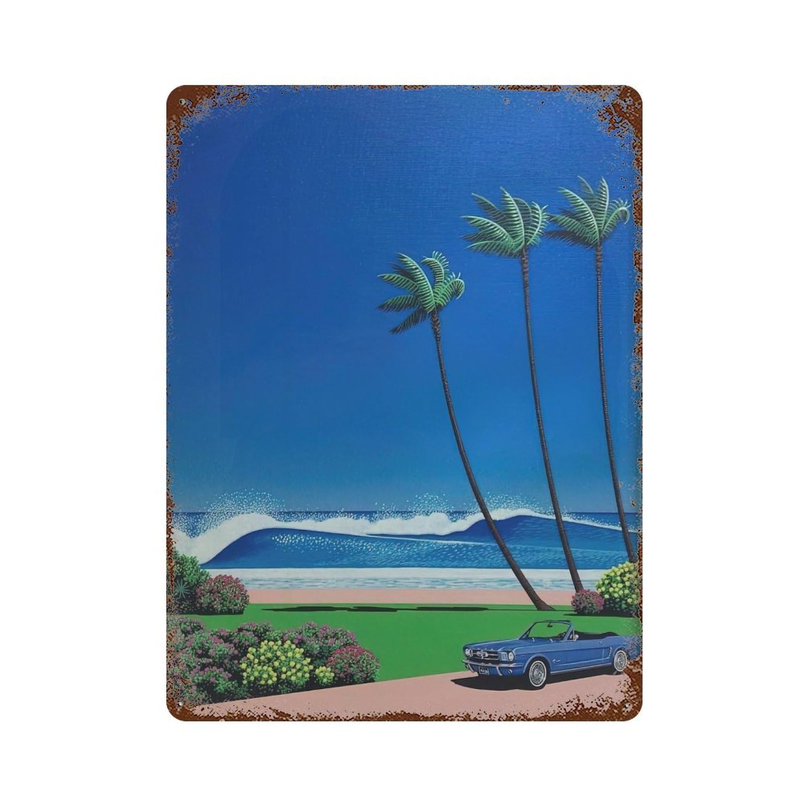 xiaoxiaoshen Coastal Palm Trees With Car. Hiroshi Nagai Japanese City Pop Wall Decor Art Metal Tin Poster Modern Home Decor Art Home Bar Shop Decorations Vintage Sign 40x30cm