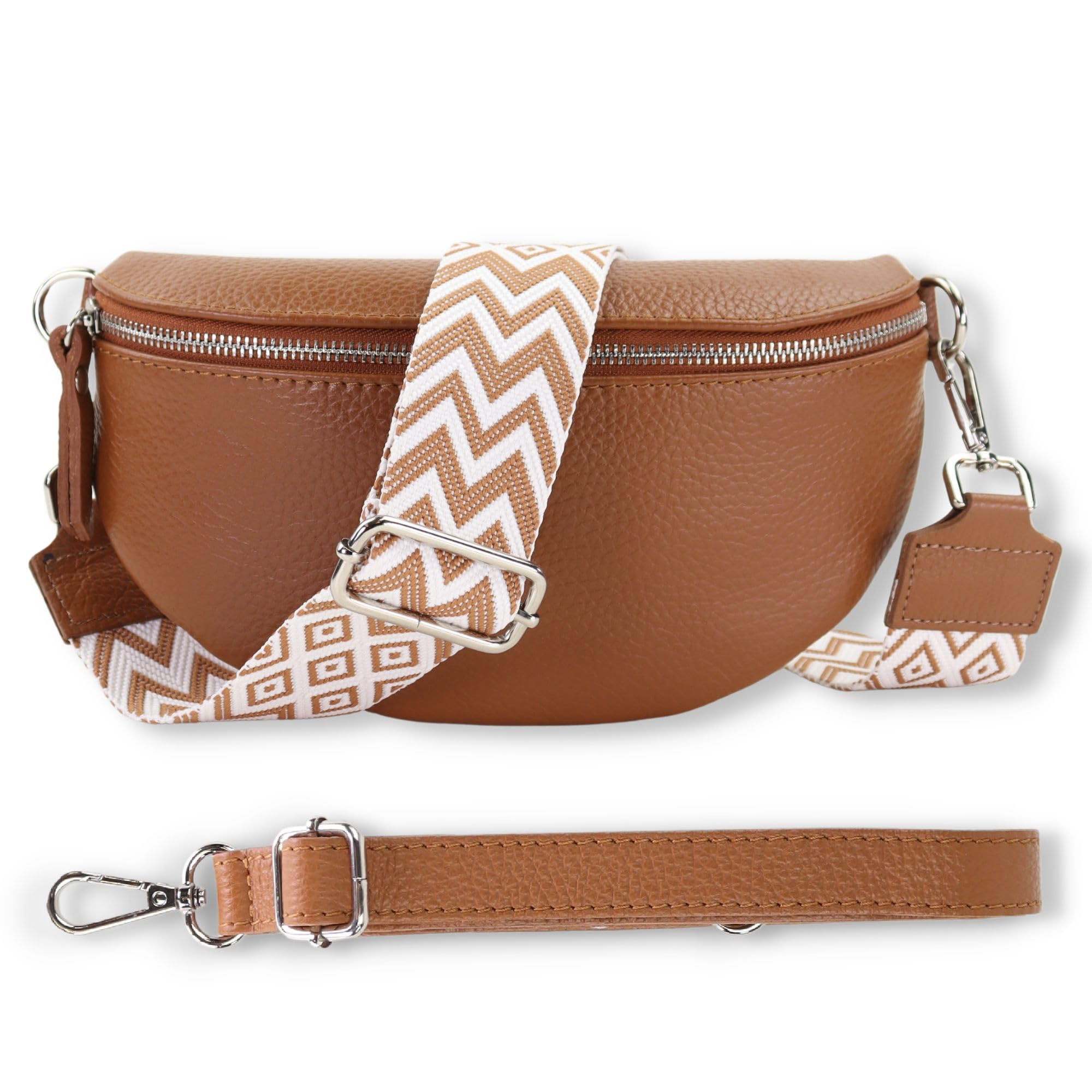 Blade Bauchtasche Damen Echtleder, stylische Gürteltasche Damen mit 2 gemusterten und Leder abnehmbaren & verstellbaren Breiten Gürteln, Crossbody Bag Damen, Hochwertige Brusttasche für Frauen