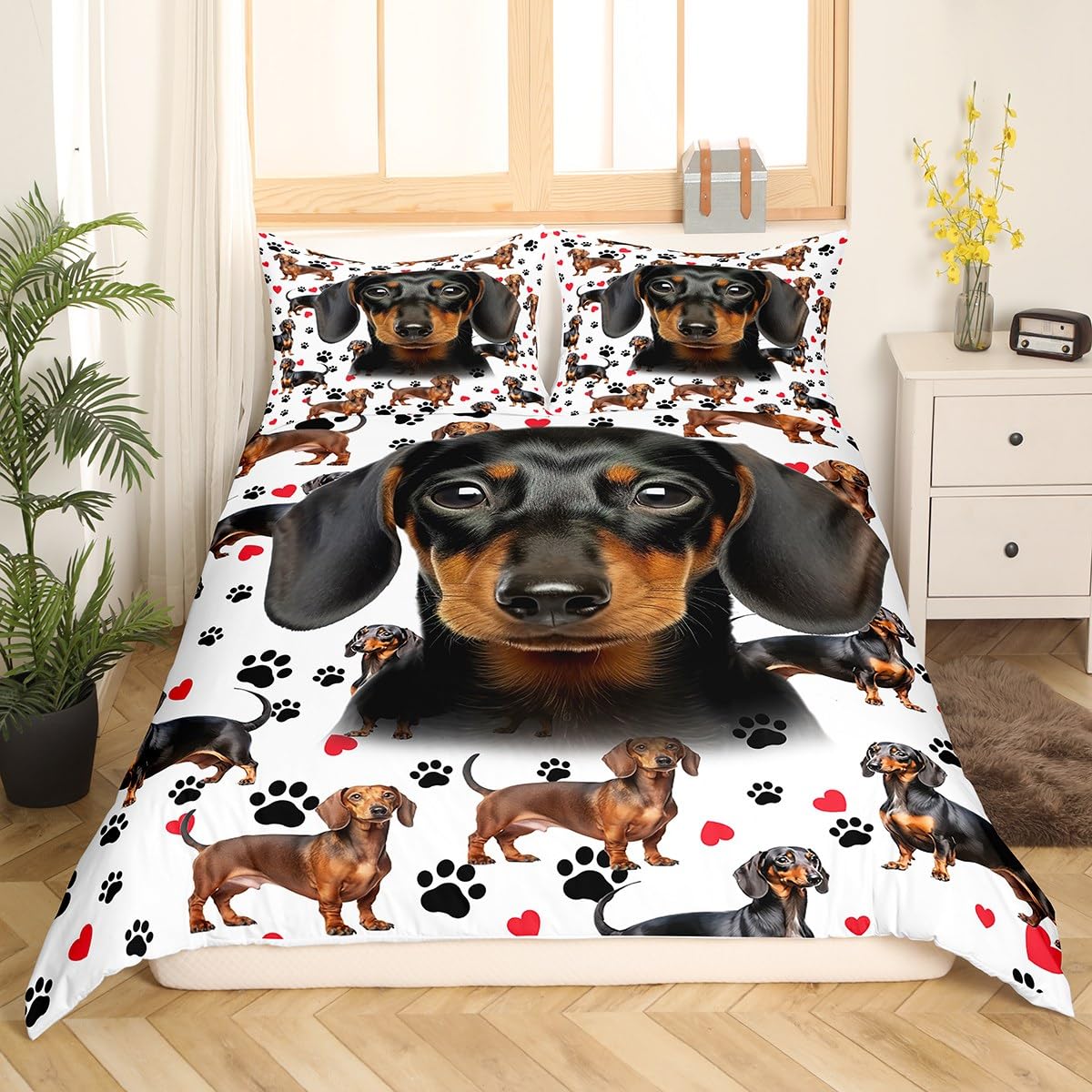 Cute Dachshund Dog Duvet Cover Set Queen Size,Cartoon Dog Paw Print Red Love Heart Bedding Set for Kids Boys Girls Teens Room Decor,Family Pet Animals Comforter Cover Black White Quilt Cover 3Pcs