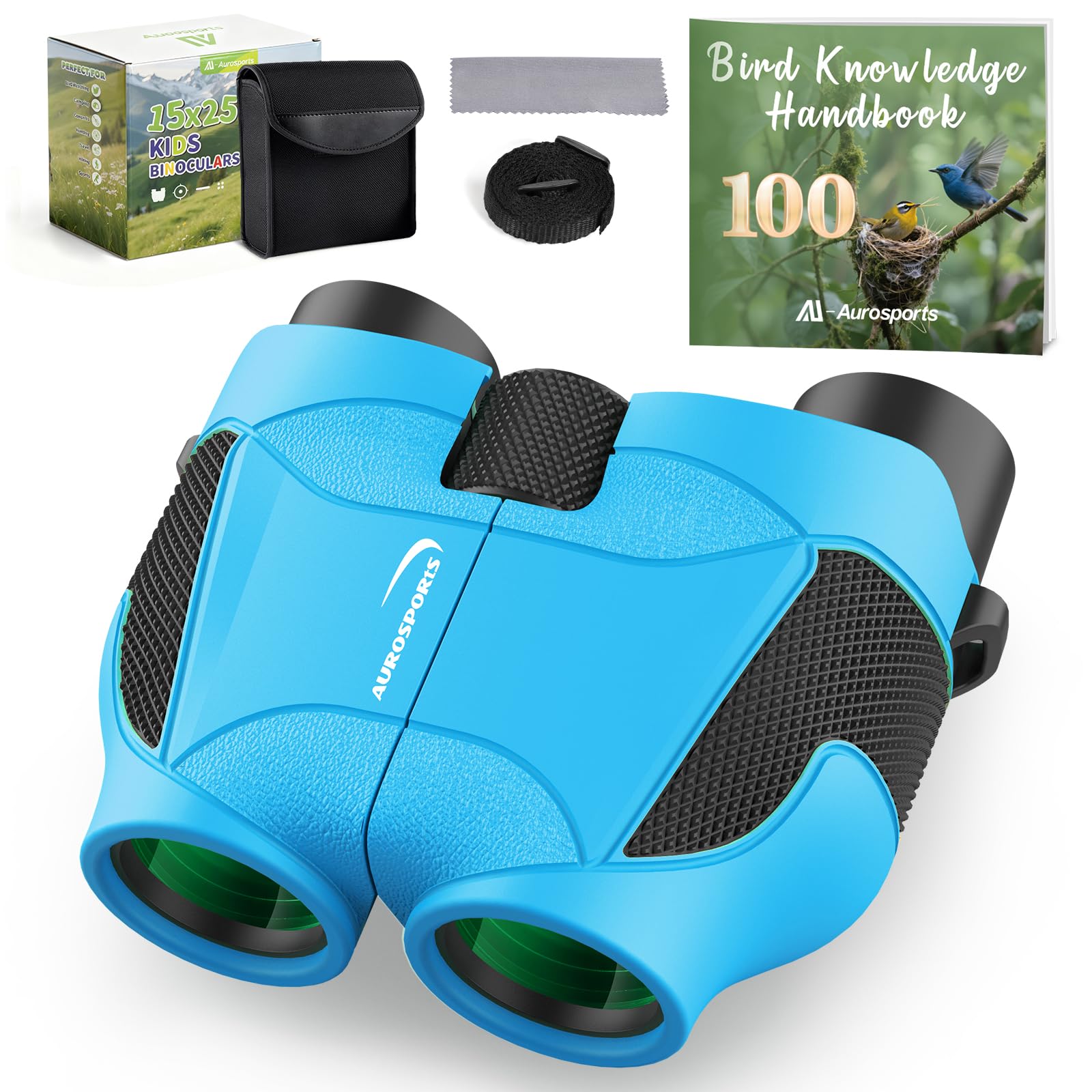 Aurosports 15x25 Compact Binoculars for Kids - Small Binoculars Lightweight with Carrying Case Birding Guide for Bird Watching Hiking Camping Travel Gift for 8-12 Years Boys Girls (Blue)
