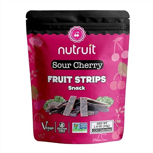 Nutruit Tiras de frutas de cereza agria (paquete de 20), vegano, sin gluten, sin OMG, a base de plantas, alta fibra, paquetes de 1.1 onzas