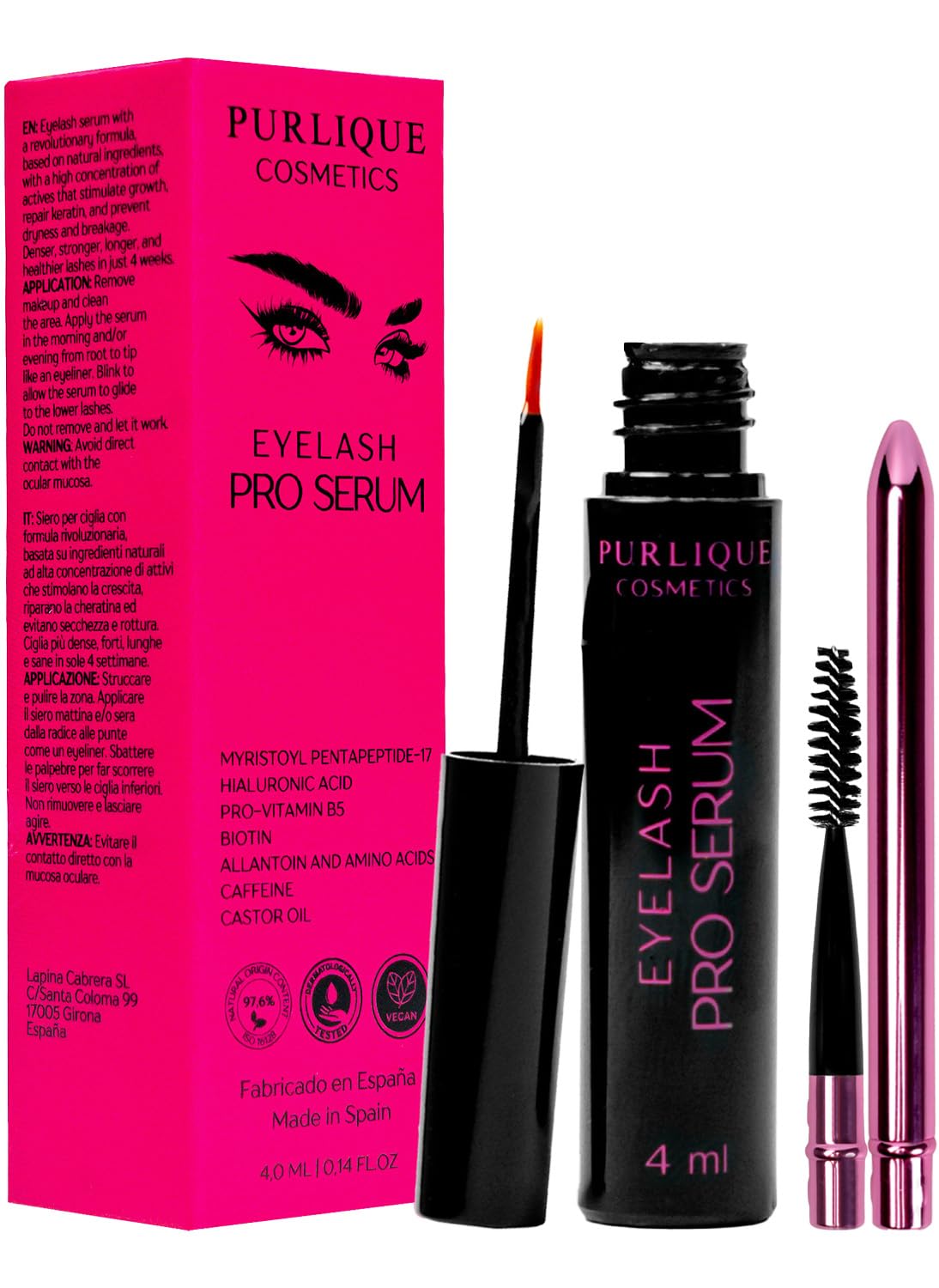 PURLIQUE Serum pestañas 4 ml - Crece pestañas formula innovadora + Cepillo para pestañas - Serum pestañas crecimiento con alta concentración de activos - Eyelash Pro Serum crecimiento pestañas