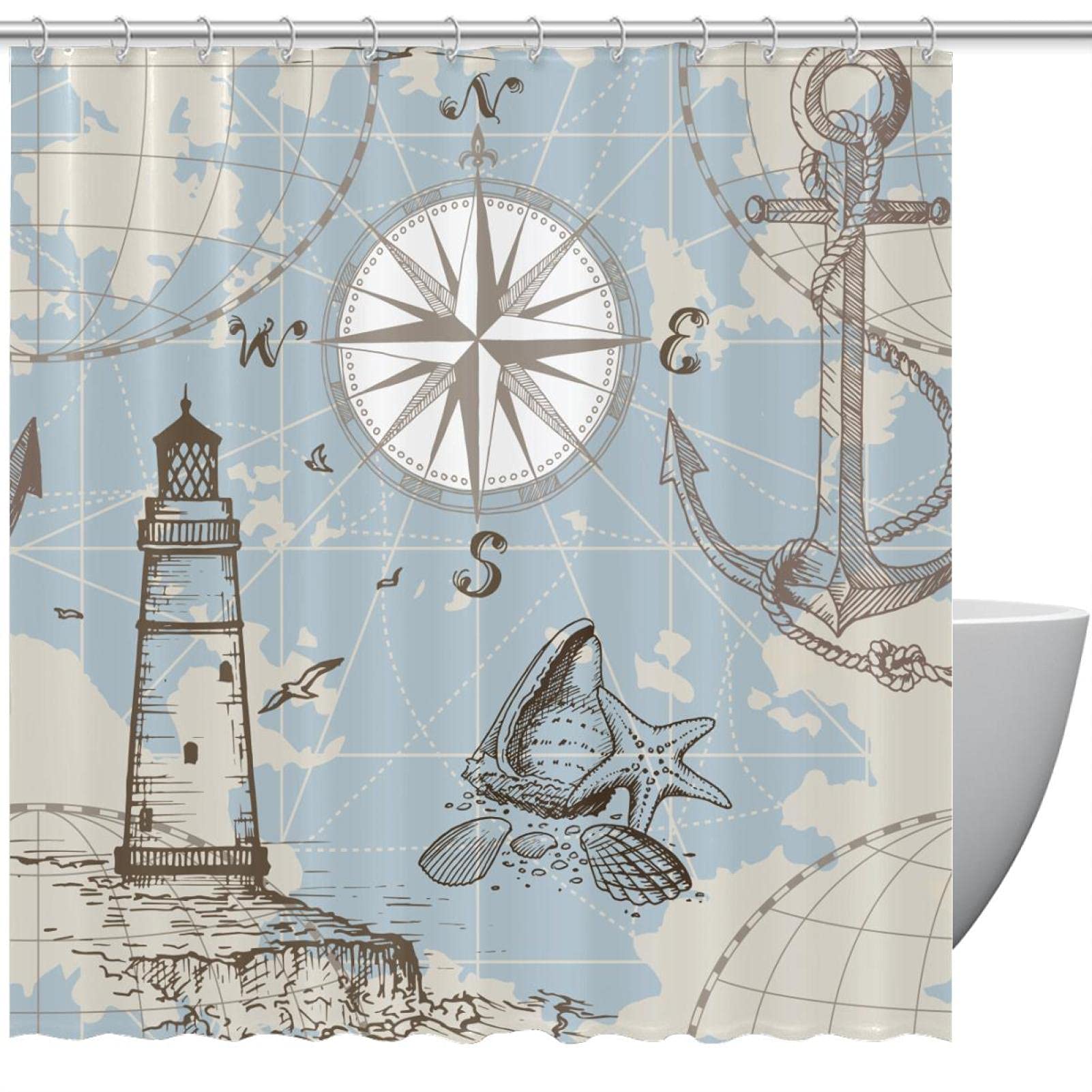 Rideau de douche haut de gamme motif carte de la mer textile robuste 72x72 pouces avec crochets