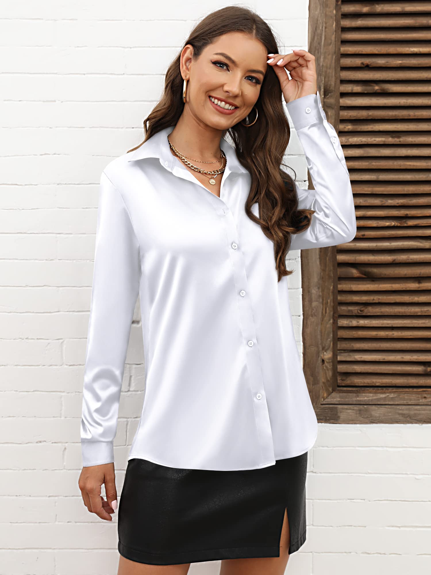cunlin Camicie da Donna in Morbido Raso di Seta con Bottoni, Camicia da Lavoro a Maniche Lunghe setosa, Bianco, L
