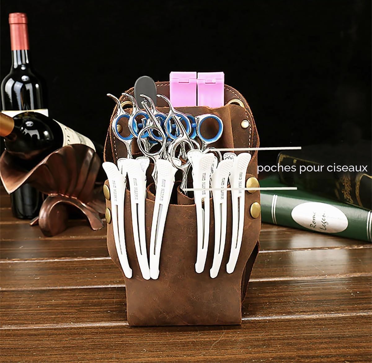 Sac à Ciseaux de Coiffure en Cuir de Vache véritable pour Salon de Coiffure, barbier, Coiffeur, étui pour Outils, Peigne, Ceinture d'épaule (Marron-7 Poche)