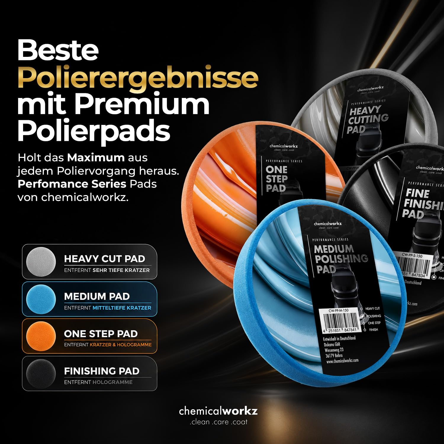Chemicalworkz Performance Pads 125mm Promotion Box Polierpad Set – Premium Polierschwämme | Autopolitur, Kratzerentfernung, Lackkorrektur & Glanz für Exzenter und Rotationspoliermaschinen | 6-teilig