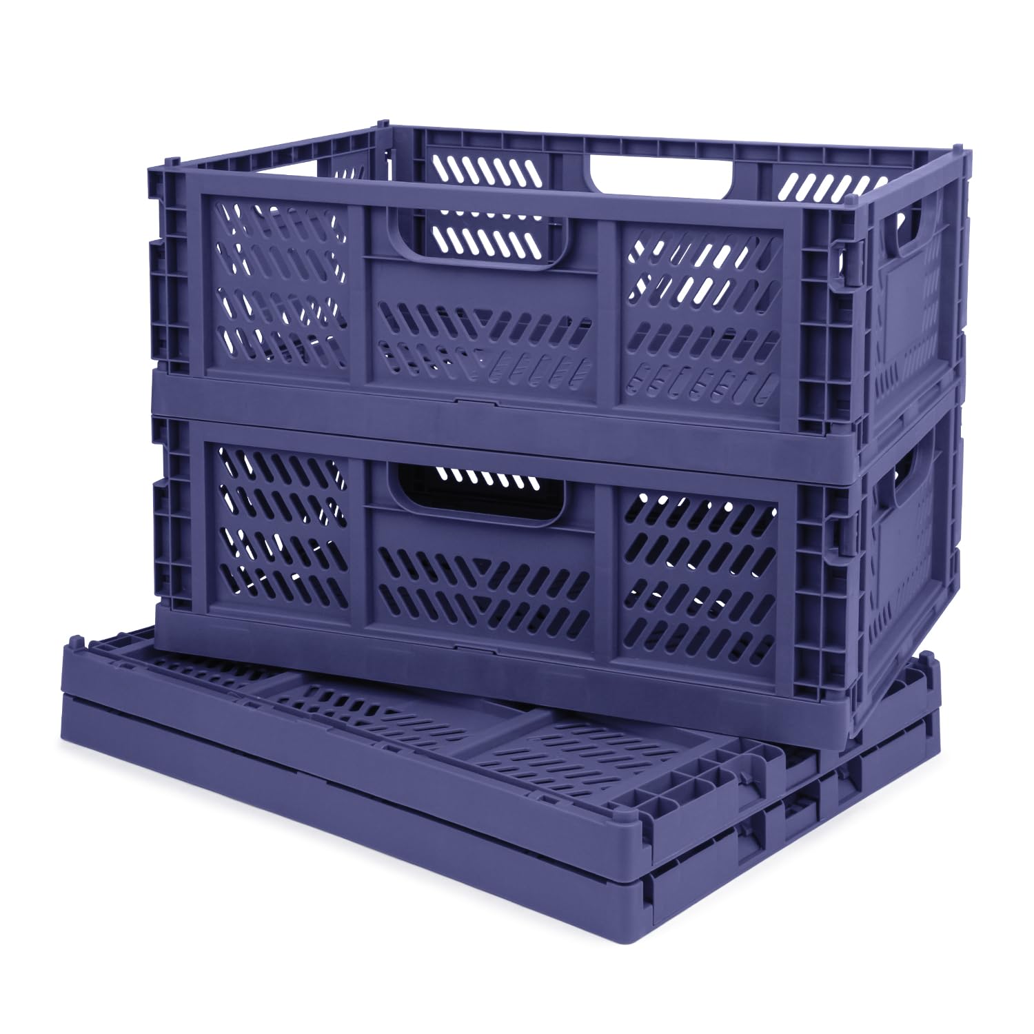 Paquete de 4 cajas de almacenamiento apilables de plástico, contenedores plegables de 16 x 12 x 6 pulgadas, color azul | Asas de transporte, almacenamiento de gran capacidad, diseño plegable, ideal para compras en la despensa en casa y camping