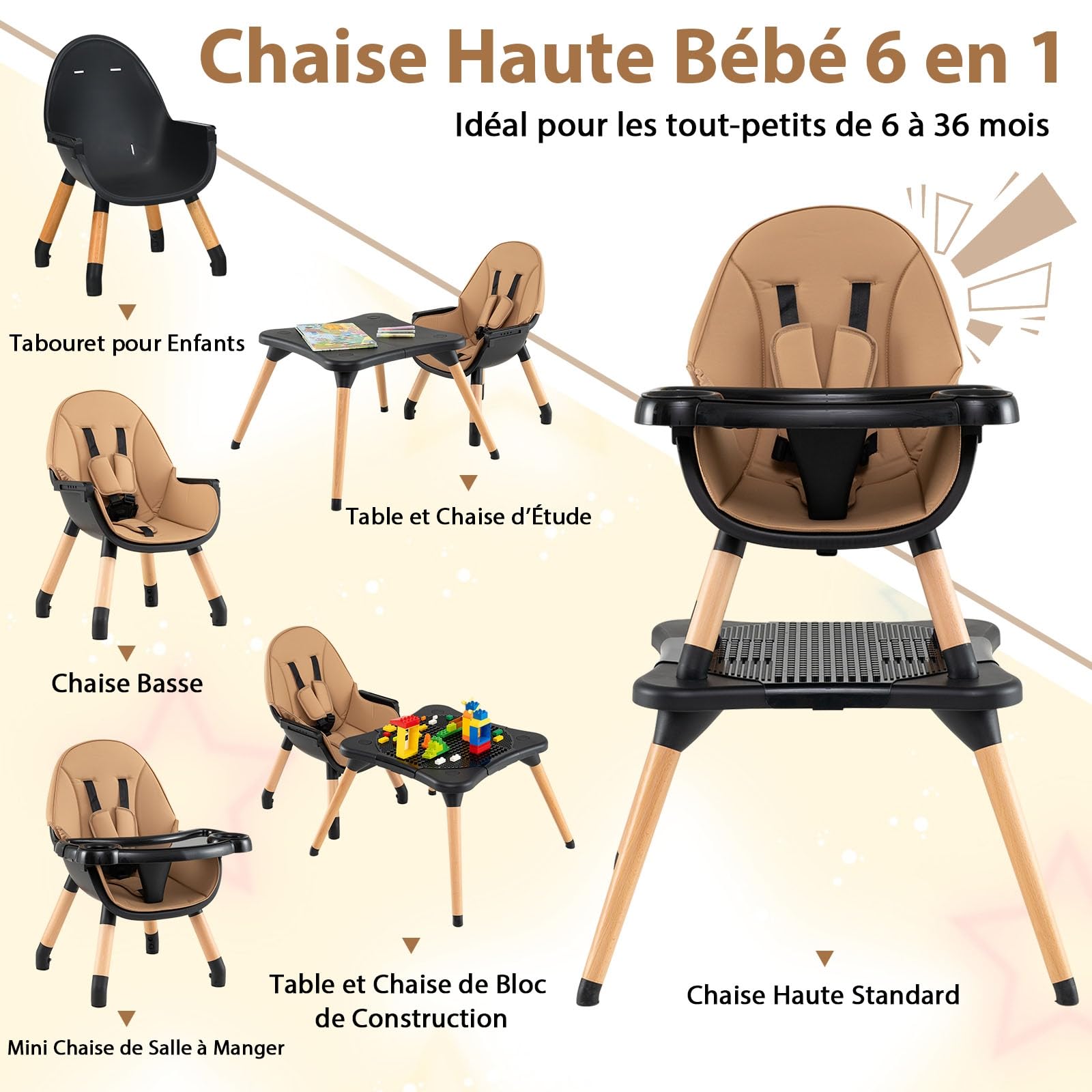 COSTWAY 6 en 1 Chaise Haute Bébé Evolutive, Table en Blocs Convertible, Harnais à 5 Points, Plateau Réglable Amovible, Chaise Haute Bebe en Bois, pour 6-36 Mois, Charge 15 kg, Café
