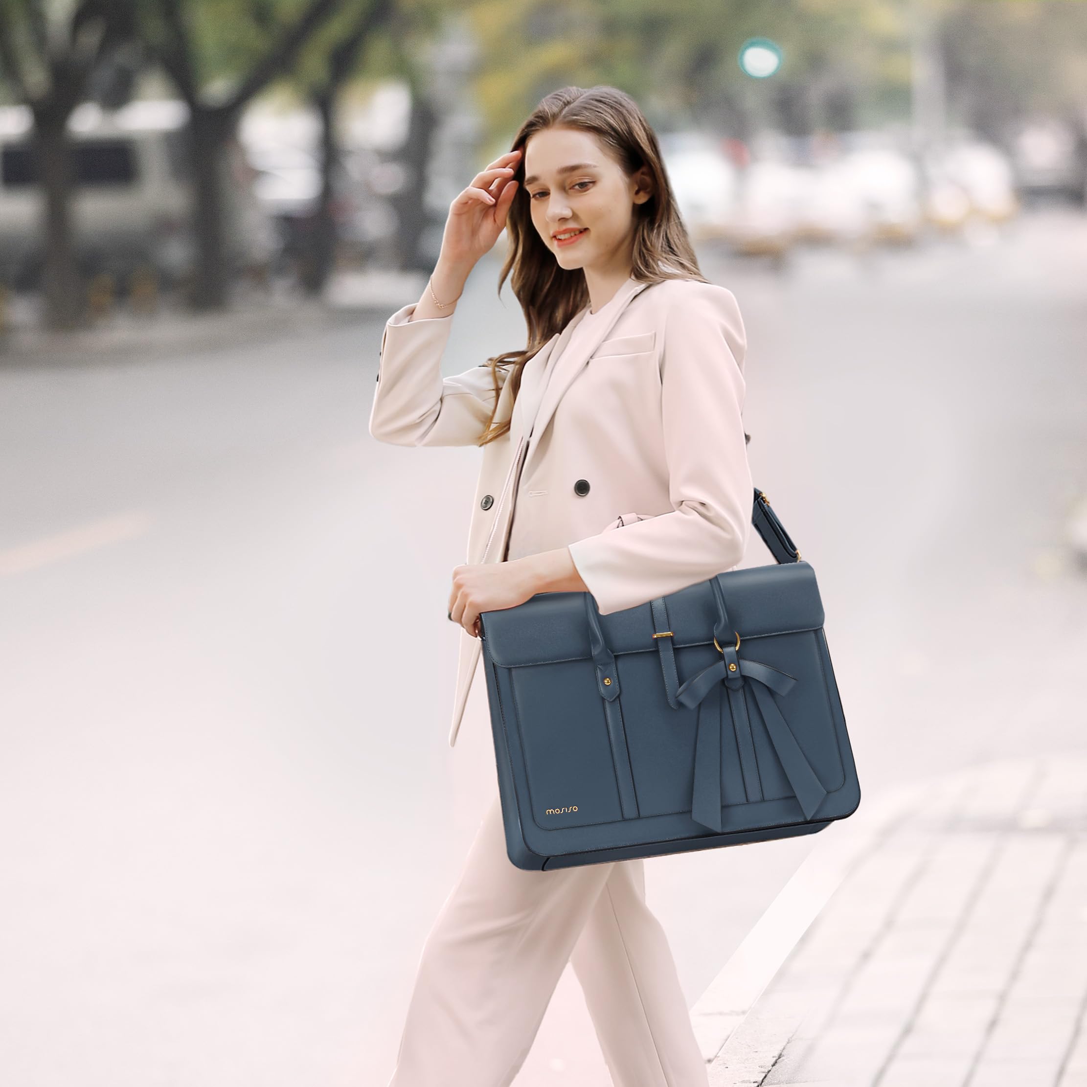 MOSISO Laptop Bolsa para Mujeres, 15 Inch Cuero PU Portátil Bolsa Hombro Convertible a Mochila,15,6-16 Pulgadas Messenger Bolso Trabajo Casual Maletín Viaje Computer Bolsa con Bowknot,Azul Pavo Real
