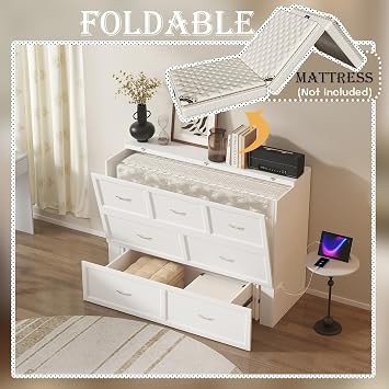FUFU&GAGA Full Size Murphy Bed with Charging Station & Storage, Cabinet Bed Frame with Drawer, Folding Space Saving Murphy Beds Chest for Bedroom Guest Room Office, White, 76.4L x 56.2W x 40.9H