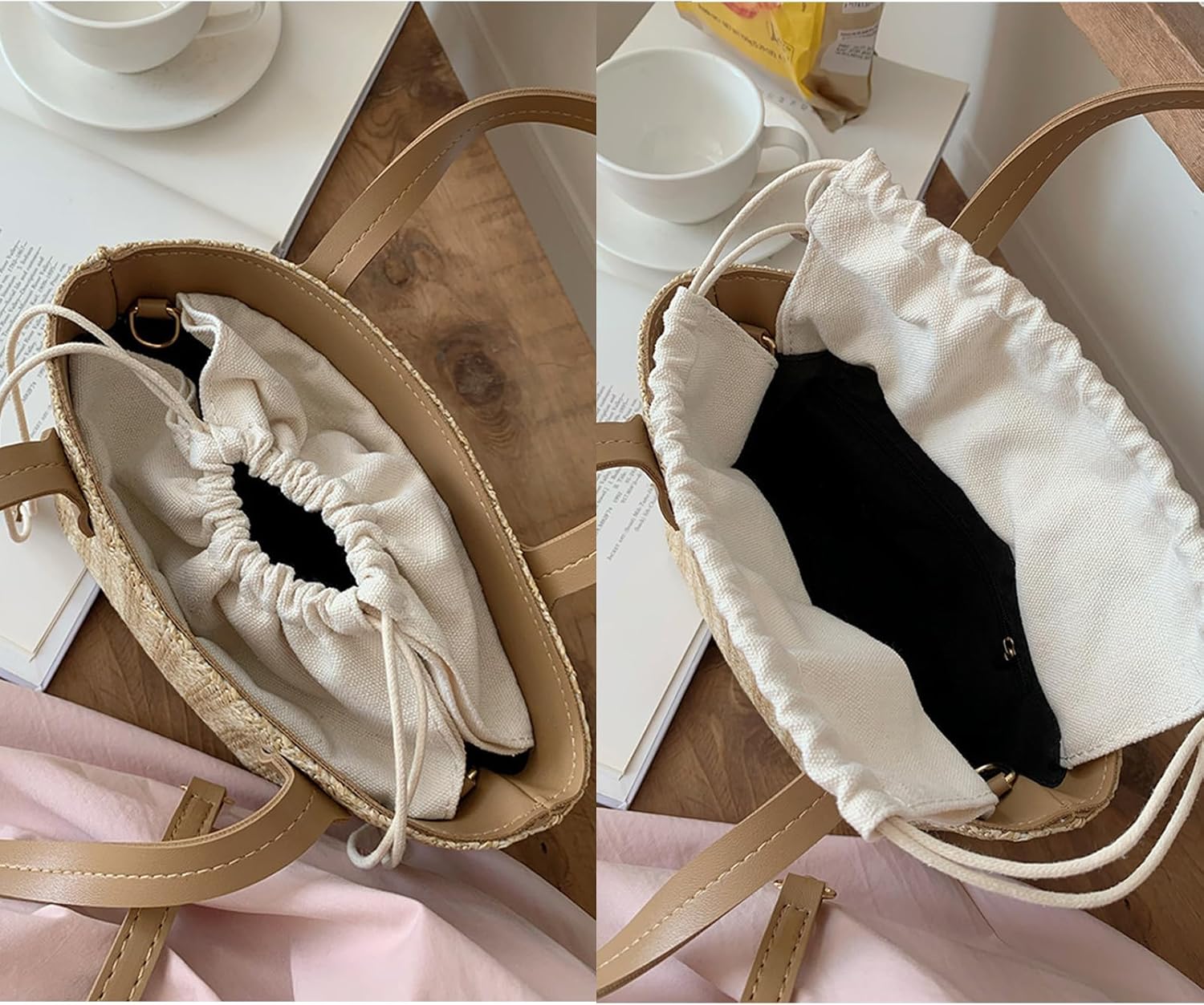 Farcauo Cute Straw Fabric Tote Bag Purse for Women Y2k Purse Shoulder Handbag Straw Tote Bag - Image 5