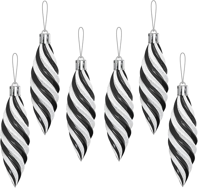 6Pcs Christmas Tree Baubles 11cm Large Spiral Shaped Baubles Christmas Hanging Decorations, Shiny & Glitter Shatterproof Plastic Spiral Ornament Xmas Tree Festival Holiday Decor (Black)