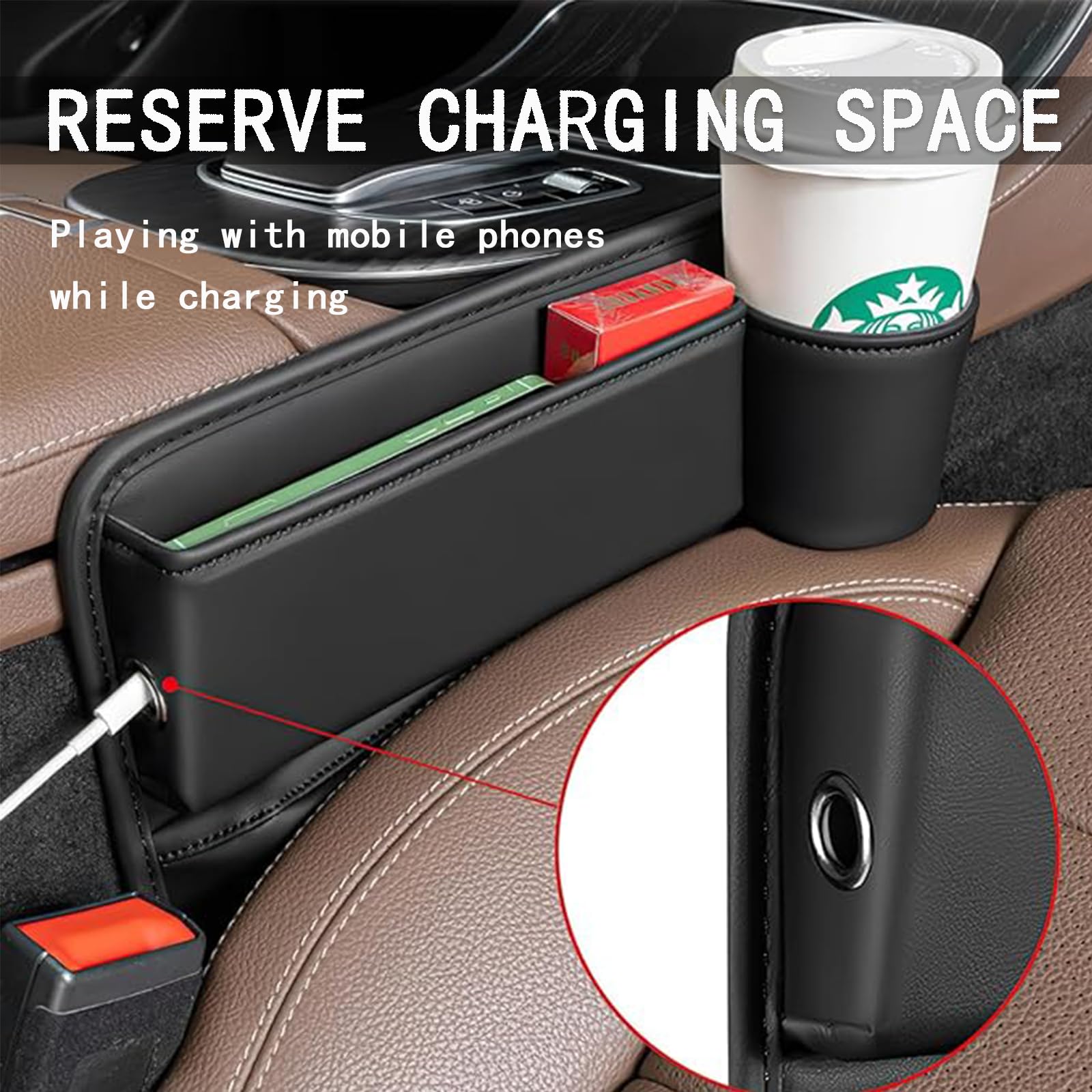 Car Leather Cup Holder Gap Bag, Custom Seat Gap Storage Box With Logo/Text, Adjustable Car Seat Storage Box, Leather Car Seat Gap Organizer, For Glasses Phones Keys And Cards (Driver Side,Black