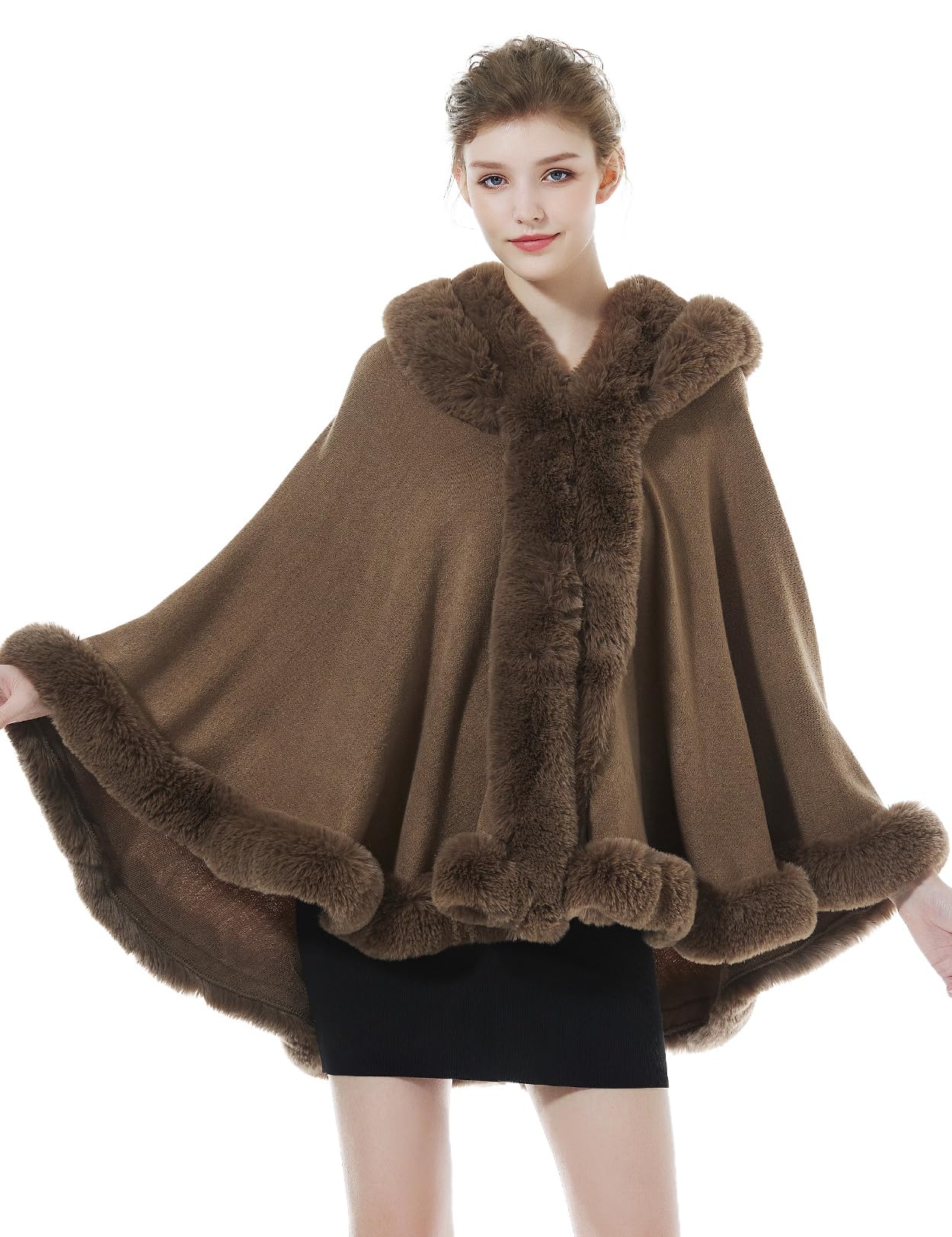 BEAUTELICATE Poncho Fourrure Châle Étole Cape à Capuche Tricoté Manteau avec Col de Fourrure Pour Femme Automne Hiver Mariage Soirée Gala S99