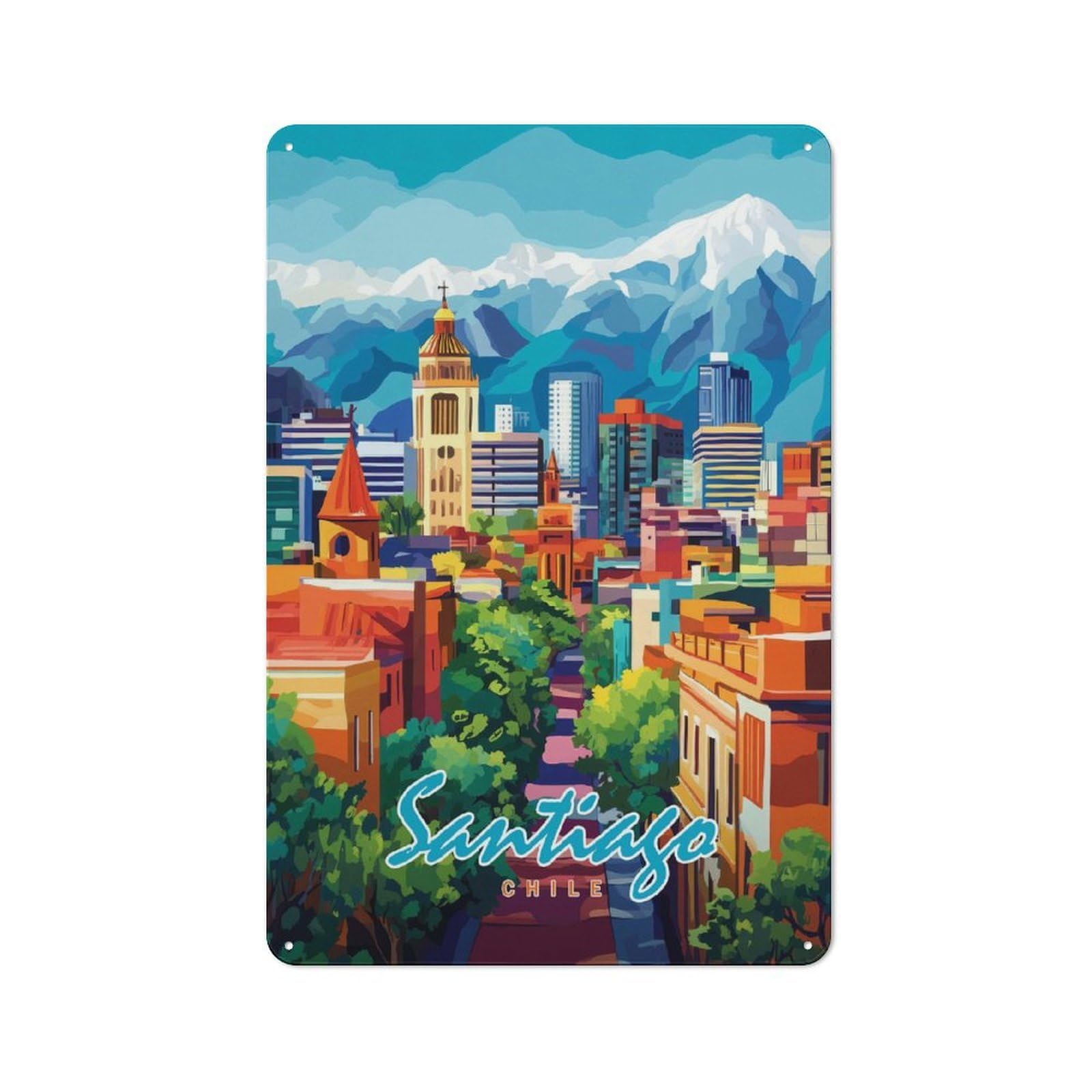 Junmoney Style-14 Tin Wall Plaque 30X20cm With Santiago, Chile Cityscape(2) For Garage Wall, Suited To People Furnishing A Garage