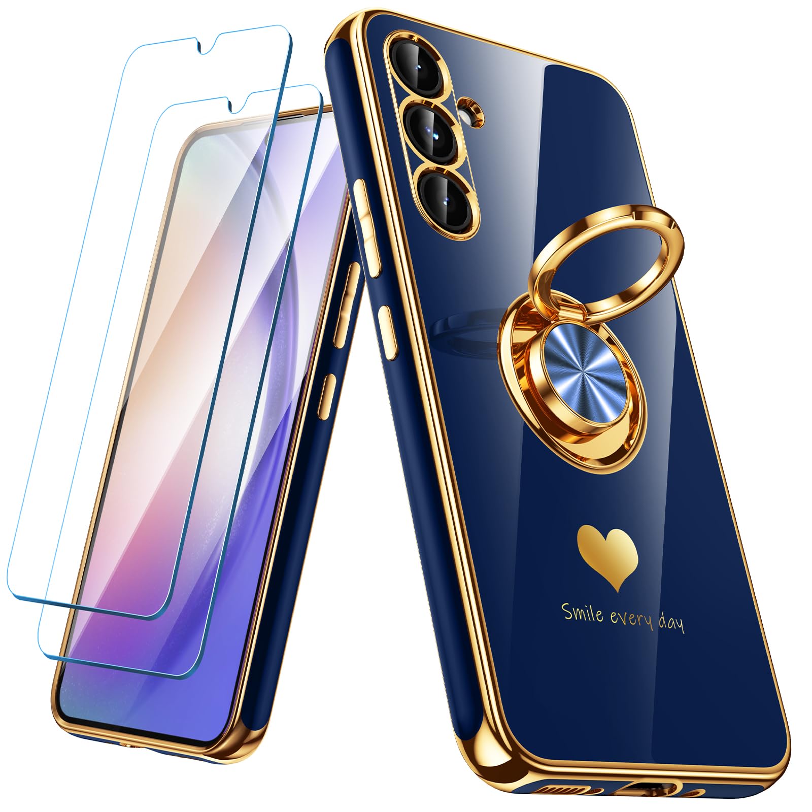Nonional for Samsung Galaxy A54 5G Case with 2 Pack Screen Protector, 360° Rotatable Ring Holder [Luxury Hearts Pattern] Plating Gold Edge Slim Soft