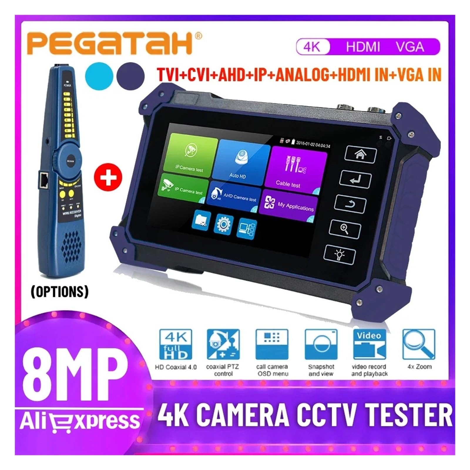 Tester for telecamere CCTV con Ingresso VGA, Monitor CCTV, Tester for telecamere IP, 8MP, AHD, CVI, SDI, 5.4 ", 5", IPC(TI-Z9652)