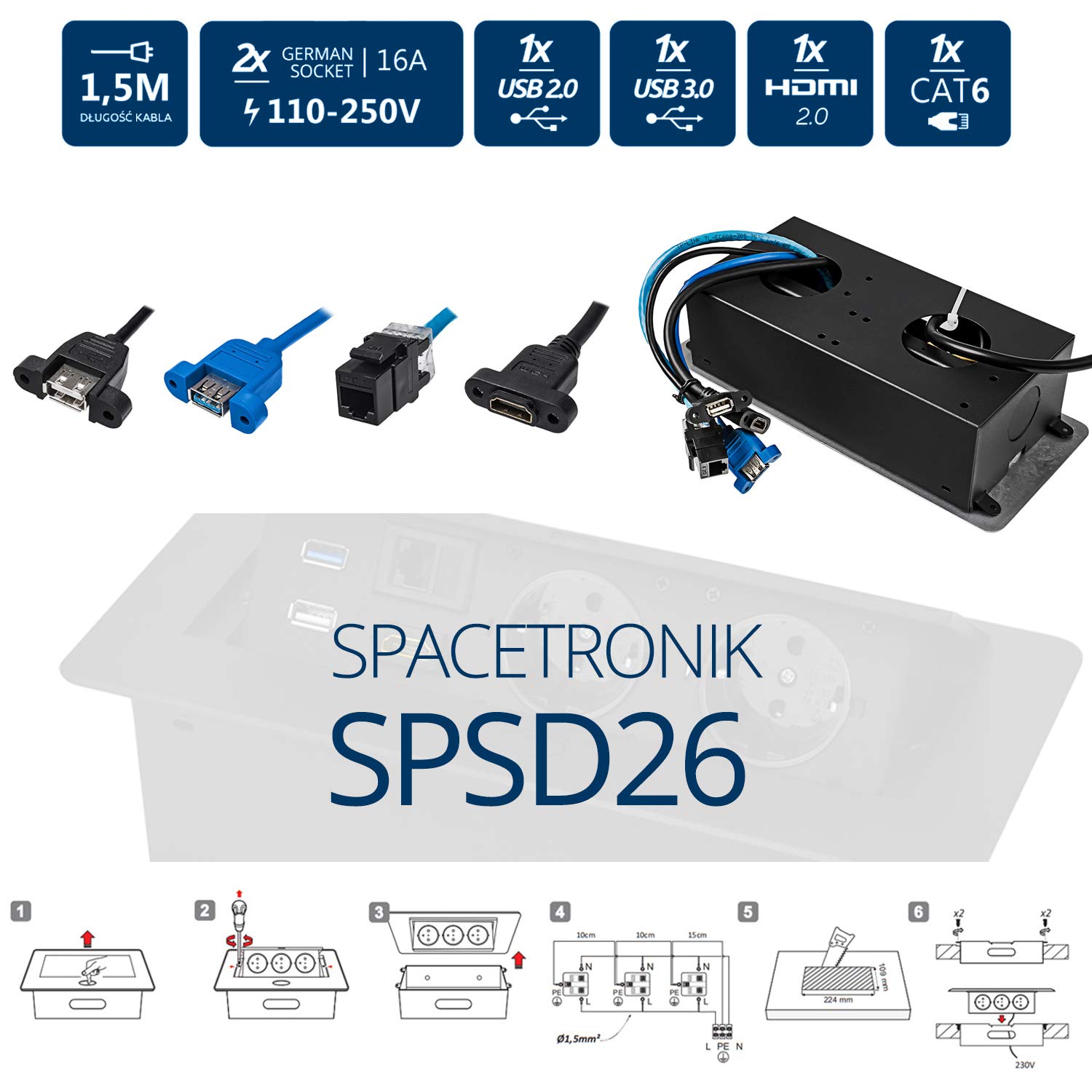 Spacetronik Versenkbare Einbausteckdose, 2-Fach Tischsteckdose, 16A/230V