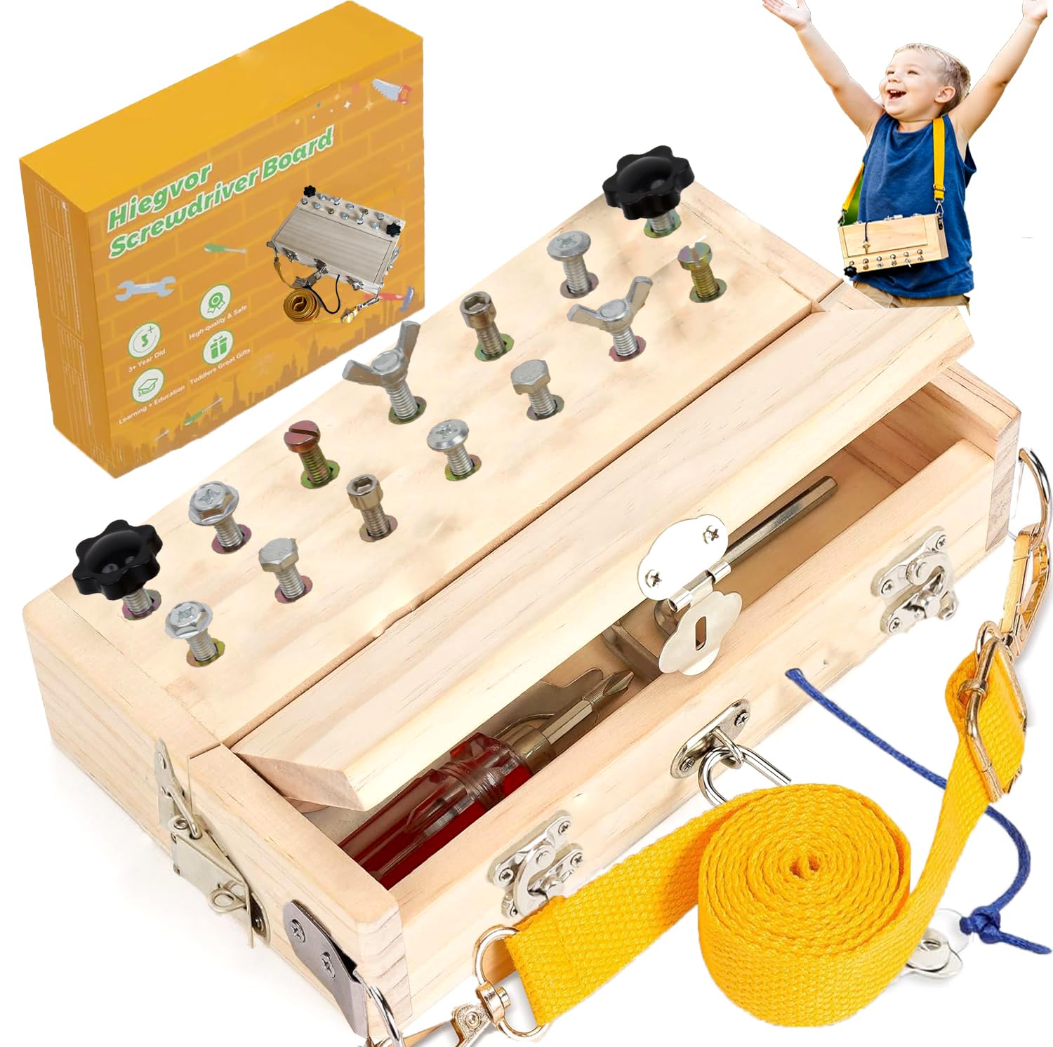 Hiegvor Montessori Spielzeug ab 3 4 5 Jahre, Motorikspielzeug Holzspielzeug Schraubendreher Busy Board mit Schlüssel und Schloss, Lernspielzeug Geschenk für Jungen Mädchen (Montessori B)