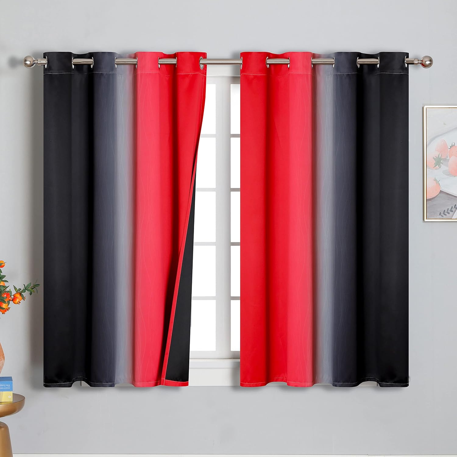 Estelar Textiler Ombre Red and Black Curtains 54 Inch Length 2 panels, 100% Blackout Curtains for Living Room, Grommet Thermal Insulated Drapes, Full Light Blocking Curtains for Bedroom, 52x54 Inch 52W x 54L/2 Panels Black and Red