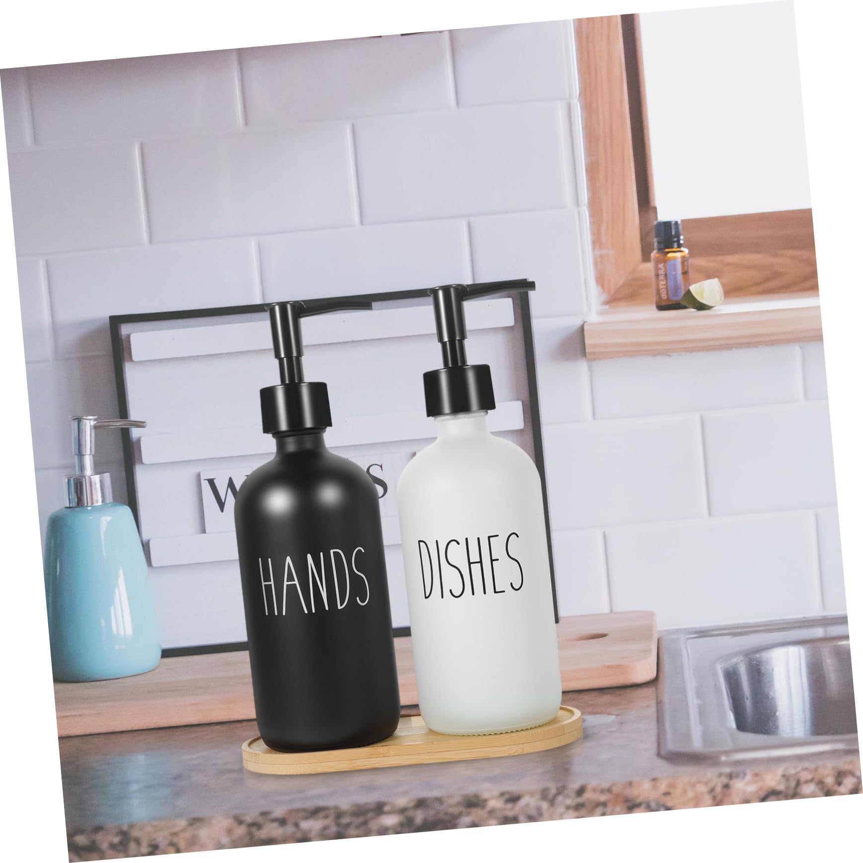 Dispensador de Jabón Líquido de Vidrio 500ml, Juego de 1 con Bandeja de Bambú, Reutilizable, para Baño y Cocina, Fácil de Presionar