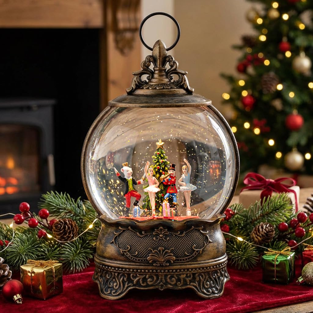 Boule à neige lumineuse de Noël 25,4 cm, boîte à musique pailletée, décorations alimentées par USB et piles (crèche dans le temple)