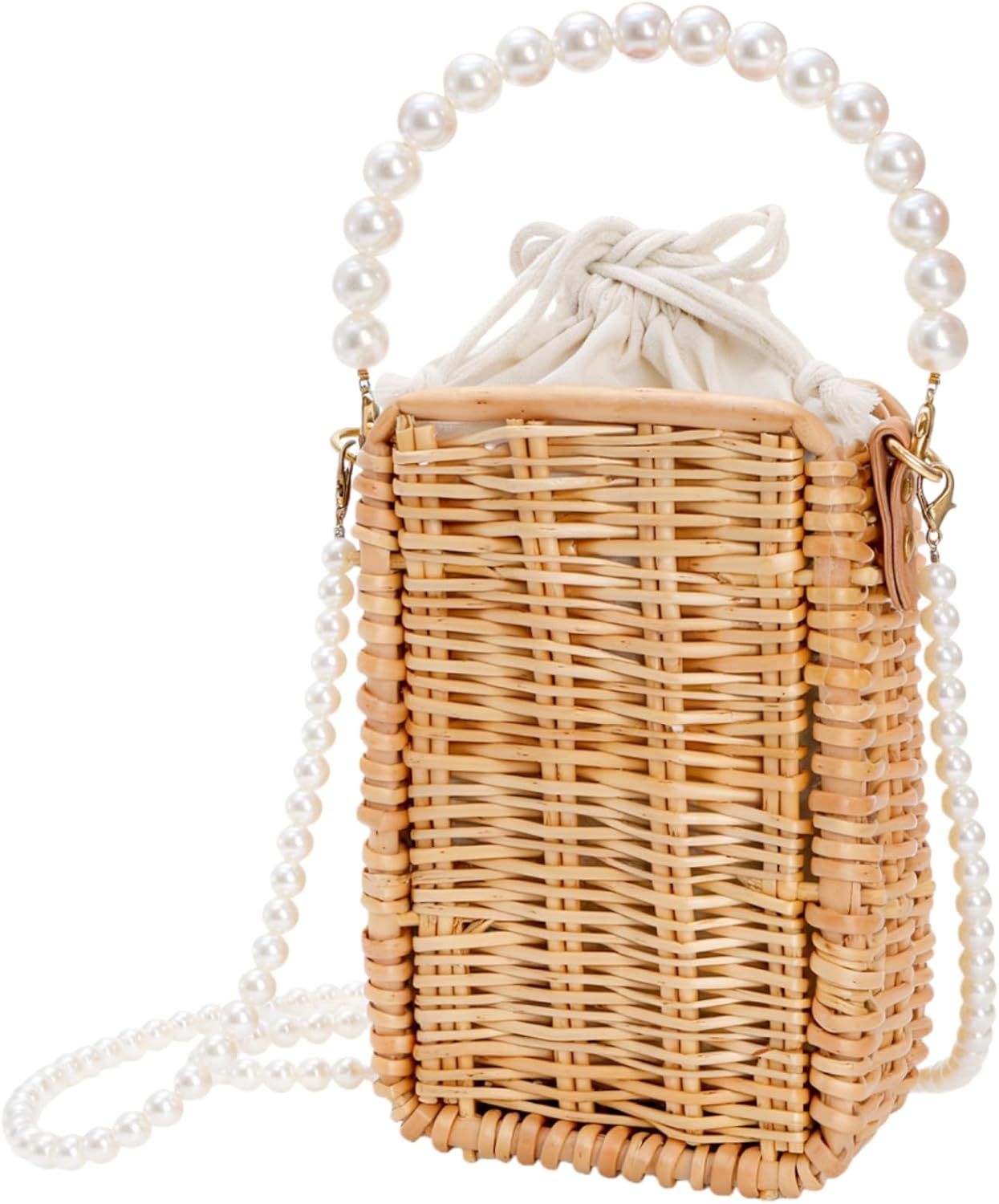 Pearl Basket Purse, Handwoven Rattan Beach Bag For Women, Rectangular Wicker Handbag, Vintage Summer Straw Tote Bag