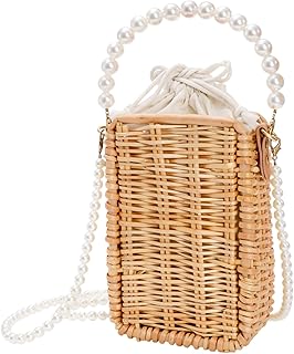 Eorbow Pearl Basket Purse, Handwoven Rattan Beach Bag For Women, Rectangular Wicker Handbag, Vintage Summer Straw Tote Bag