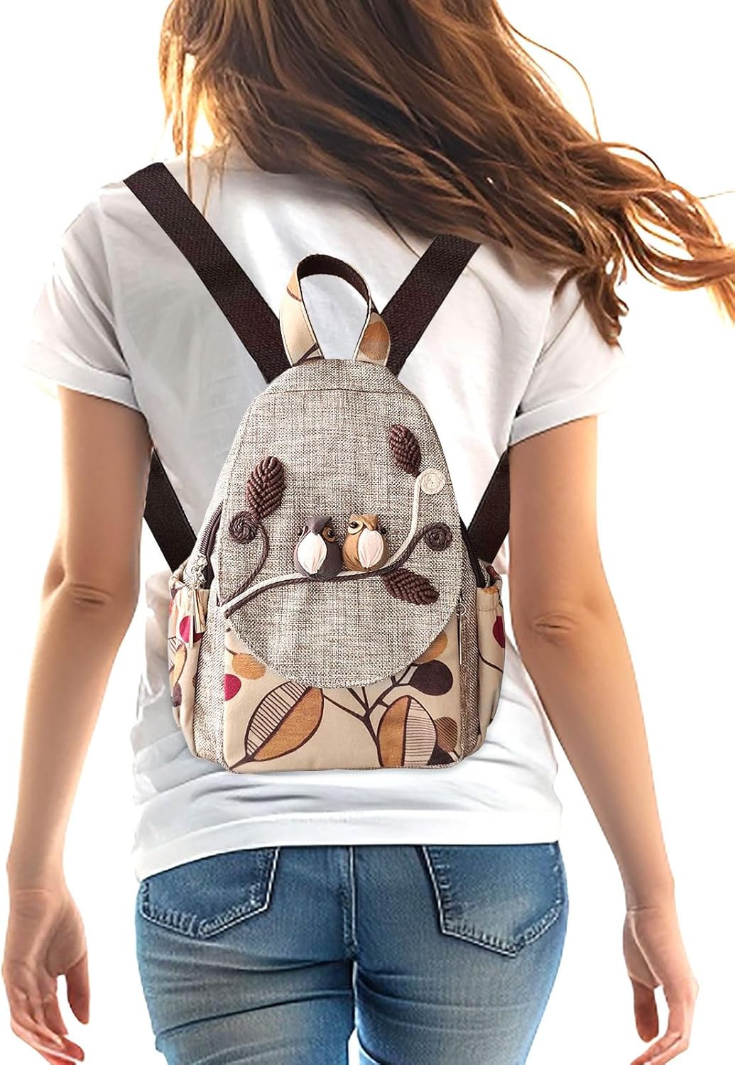 Cute Small Cotton Hand Craft Backpack Purse Mini Multi Pocket Casual Daypack for Women(bird) - Image 2