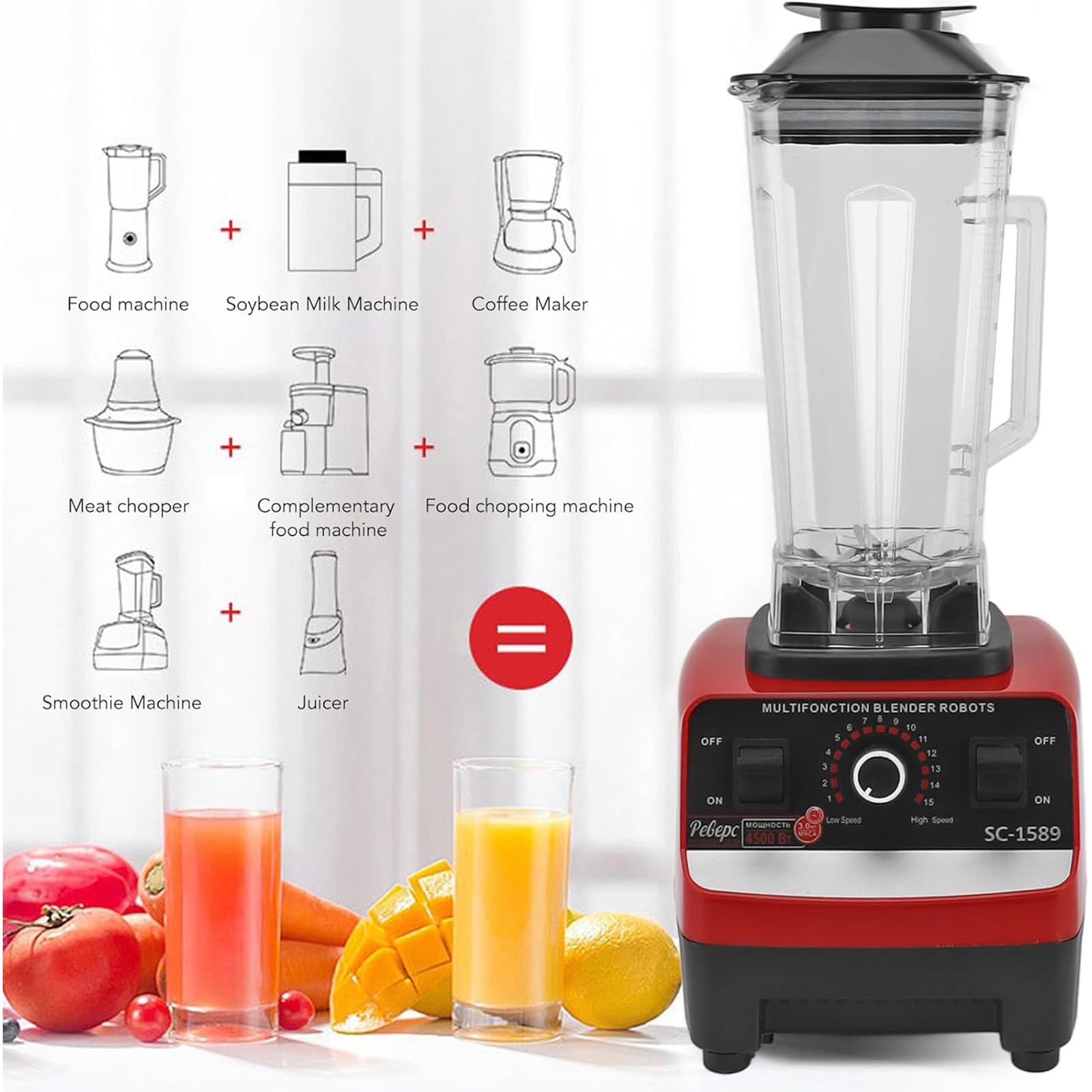 Frullatore da banco Professionale da 4500 W, 1 Volume, 8 l, 15 velocità, con 6 Lame in Acciaio Inox per frullati e Smoothie, con Contenitore da 70 Once e 2 Tazze Senza BPA