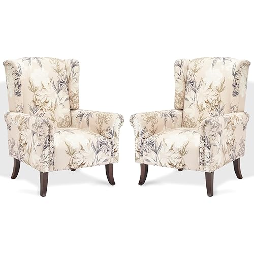 MOJAY Modern Accent Chair Set of 2, Floral Pattern Wingback Armchairs, Upholstered Lounge Sofa Chair for Living Room, Bedroom, Home Office, or Balcony