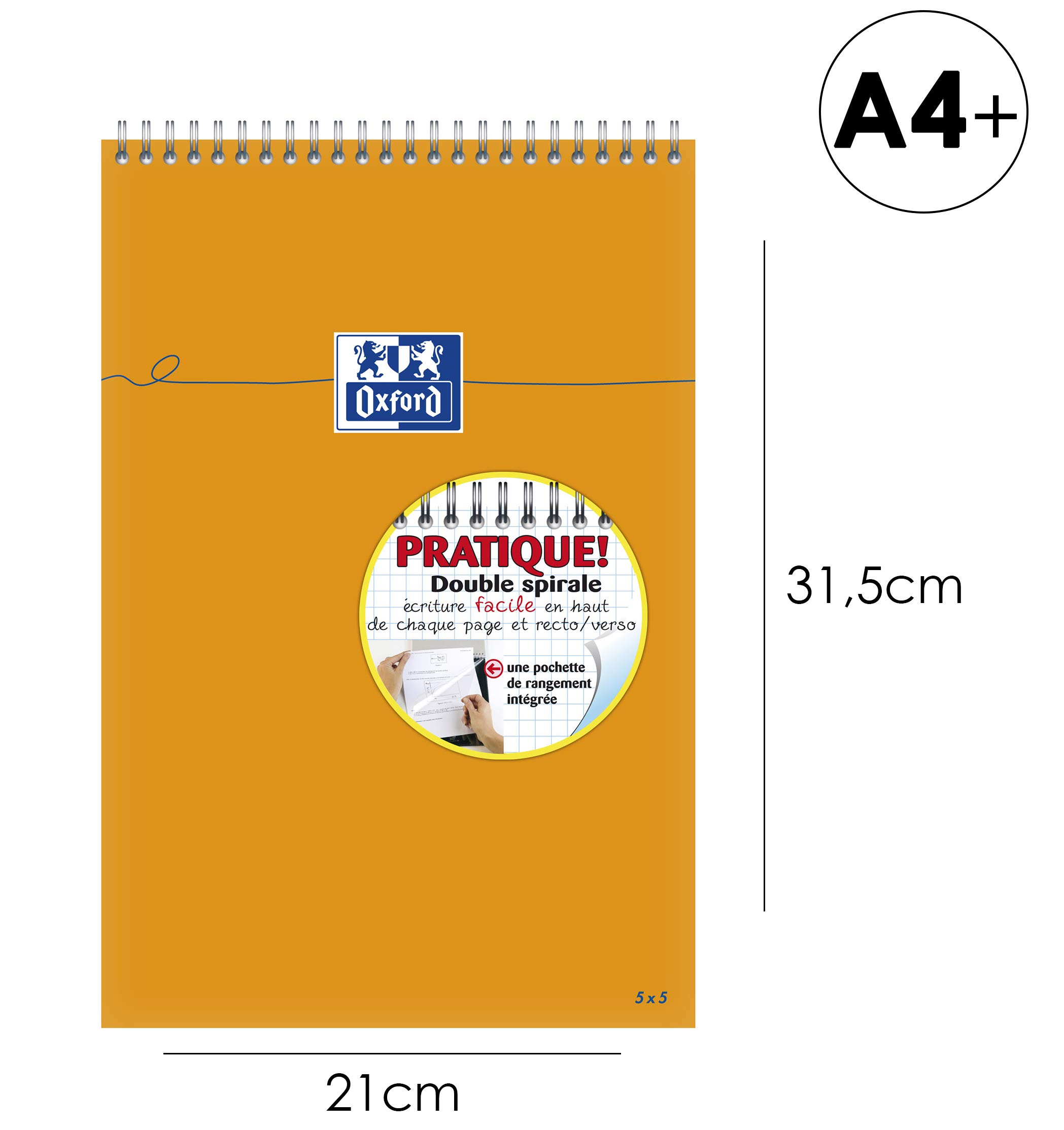 Oxford 100106297 Notizblock - Everyday A4+, kariert mit Kopfspirale, 80 Blatt, 80 g/m², 5-er Pack, orange